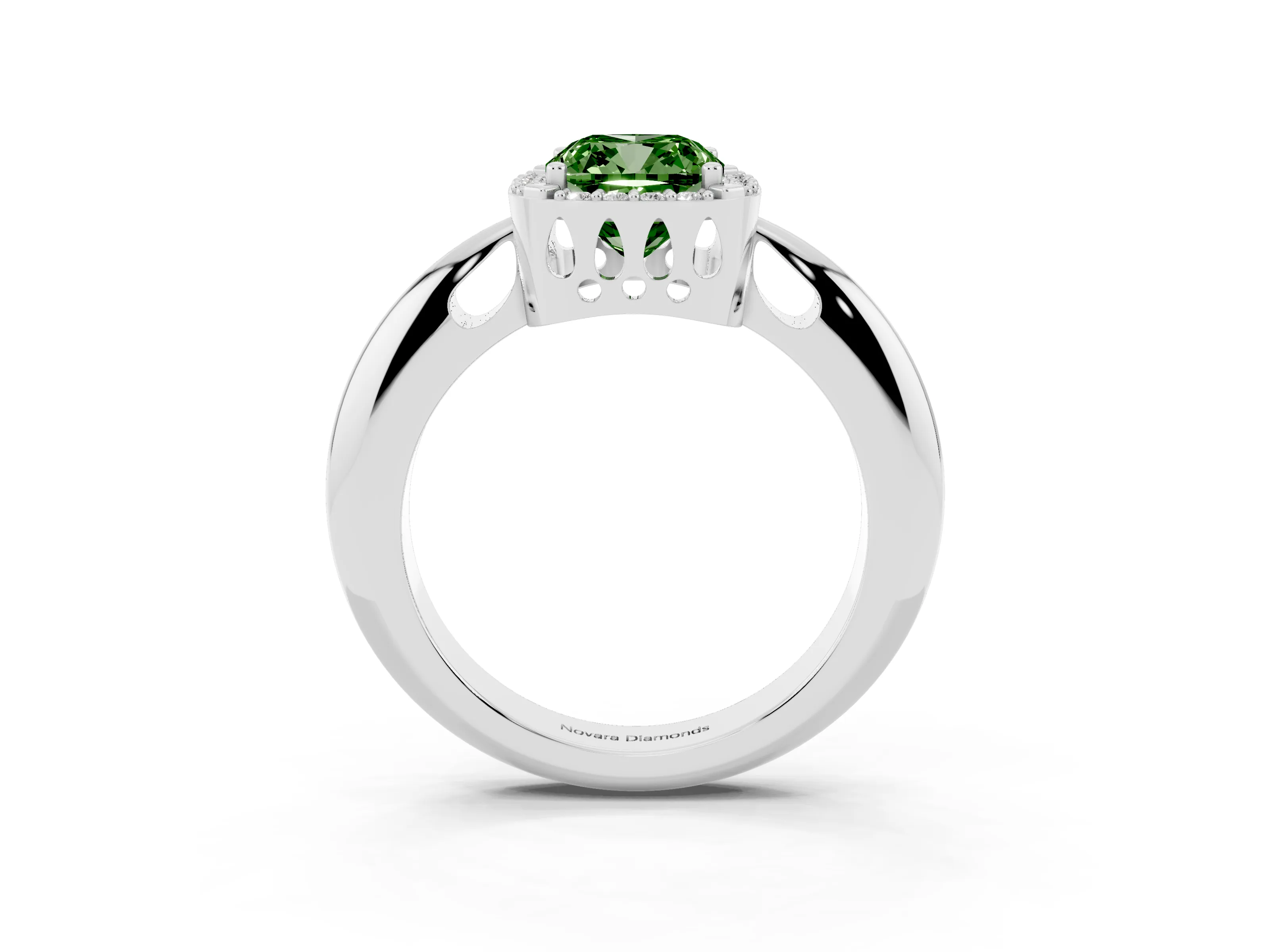 Fancy Green Cushion Cut Diamond Halo Engagement Ring Set in Silver with Plain Split Shank and Prong Setting