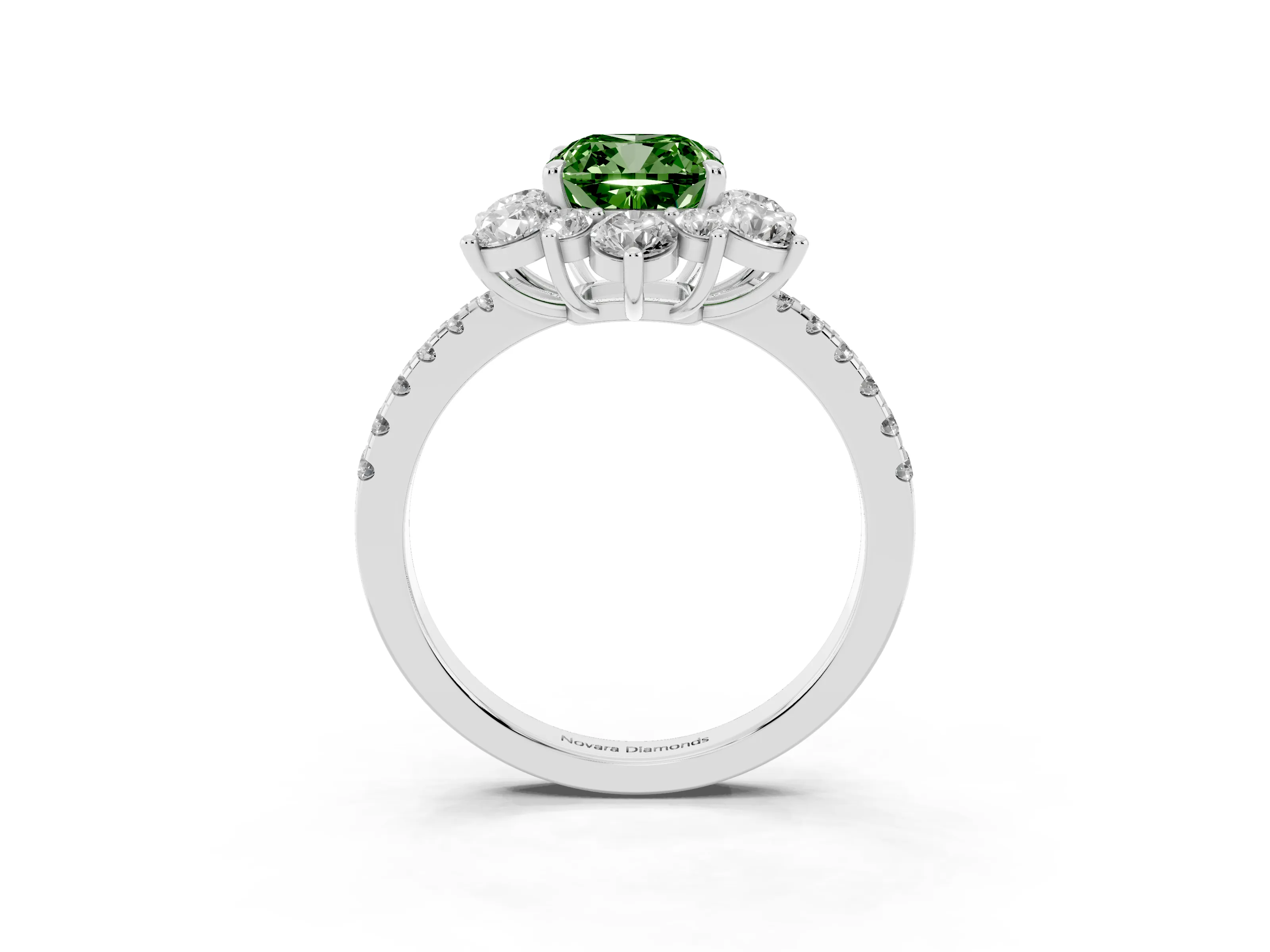 Fancy Green Cushion Cut Diamond Floral Halo Ring Set in Platinum with Round Pavé Band and Prong Setting