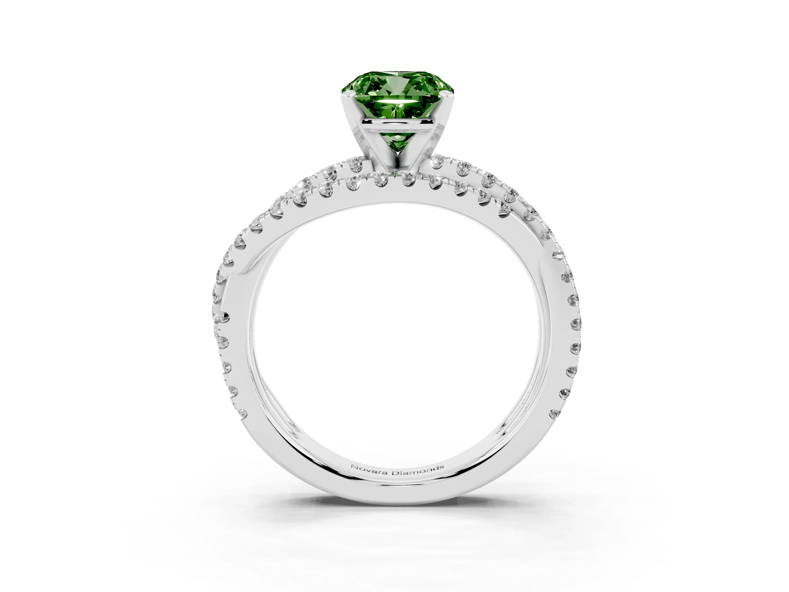Fancy Green Cushion Cut Diamond Solitaire Twist Band Ring Set in White gold with Pavé Setting and Prong Head