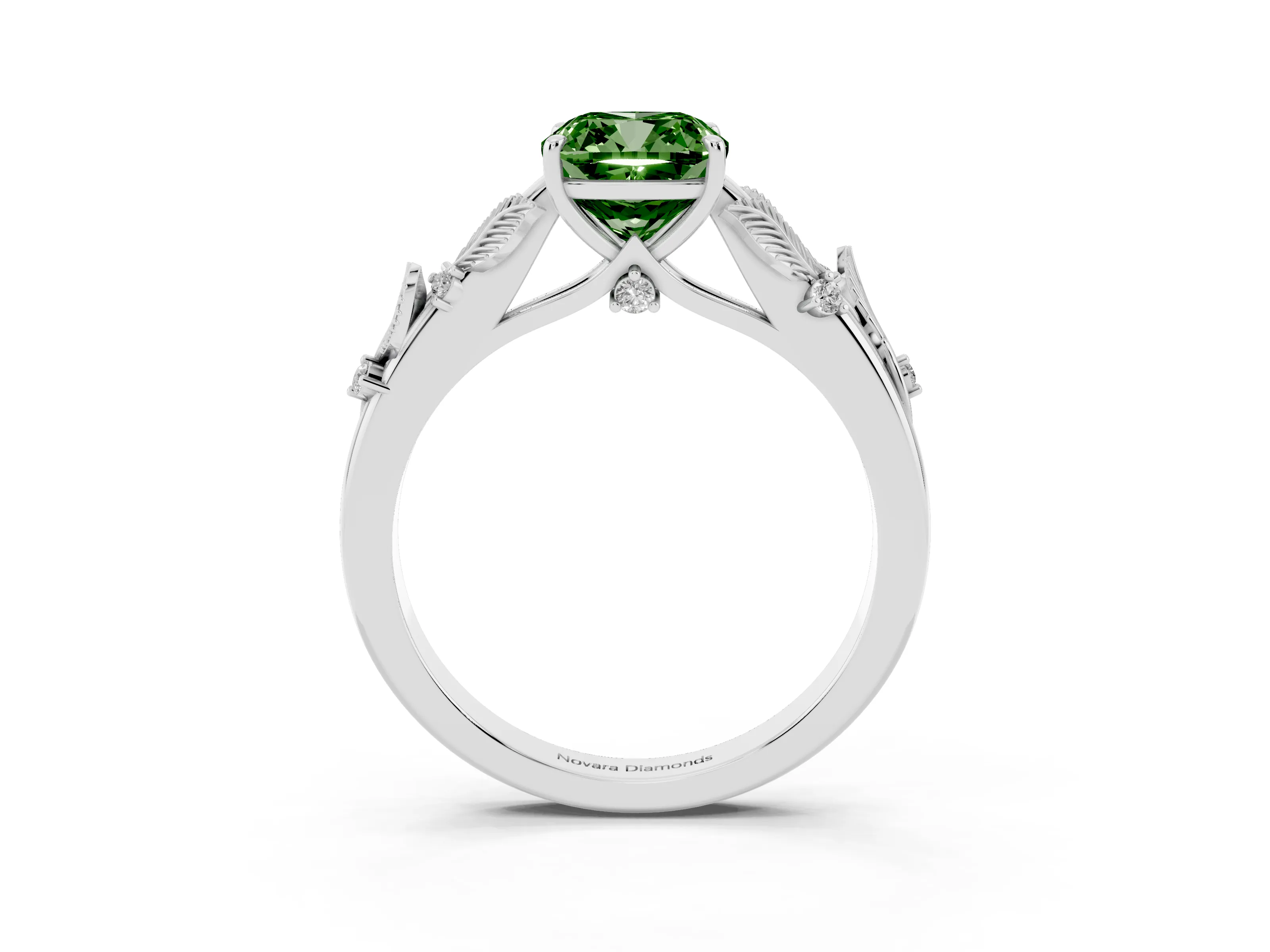 Fancy Green Cushion Cut Diamond Solitaire Ring Set in White gold with Leaf Motif Band