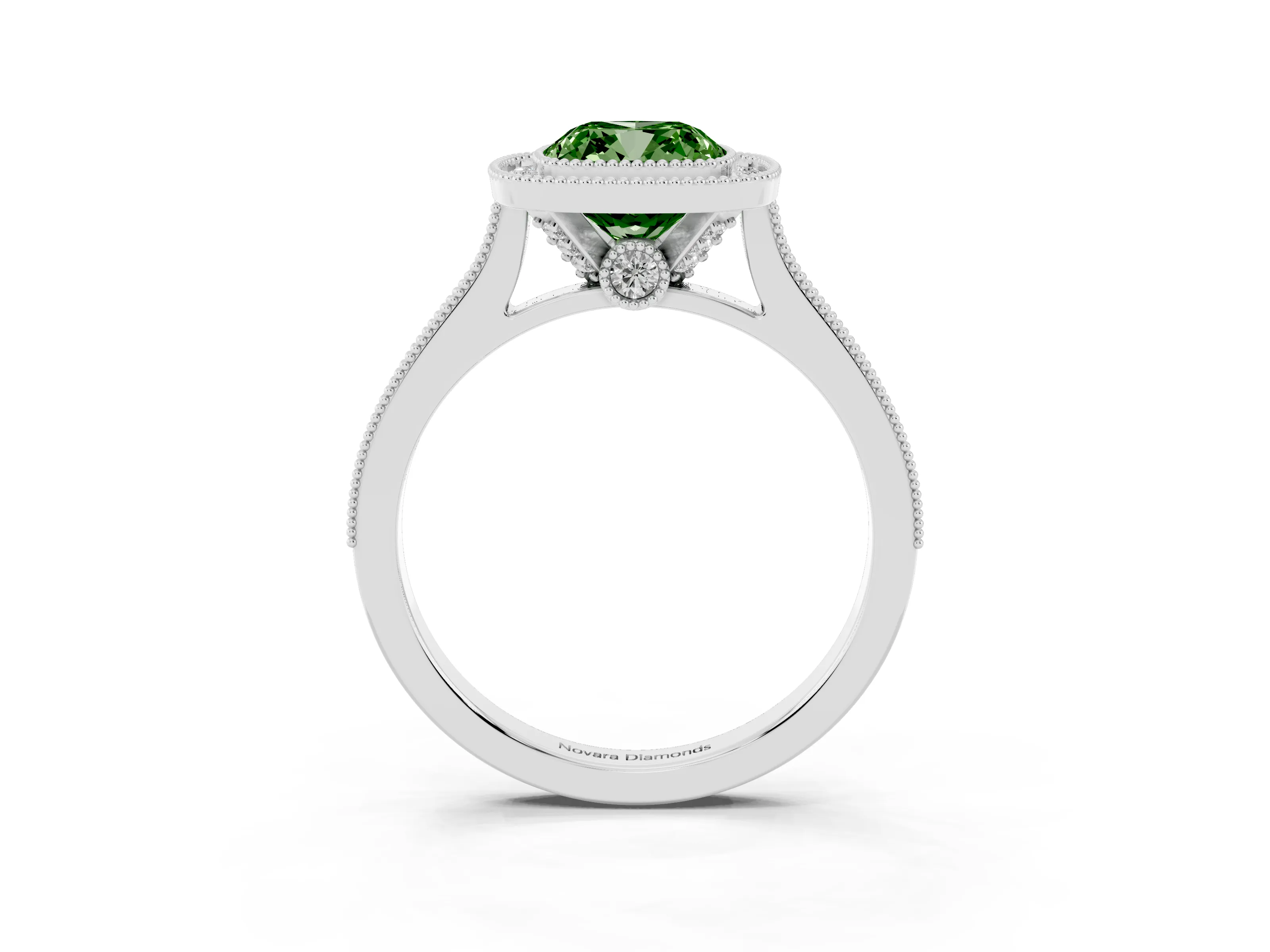 Fancy Green Cushion Cut Diamond Halo Milgrain Pavé Band Ring Set in Platinum with Prong Setting