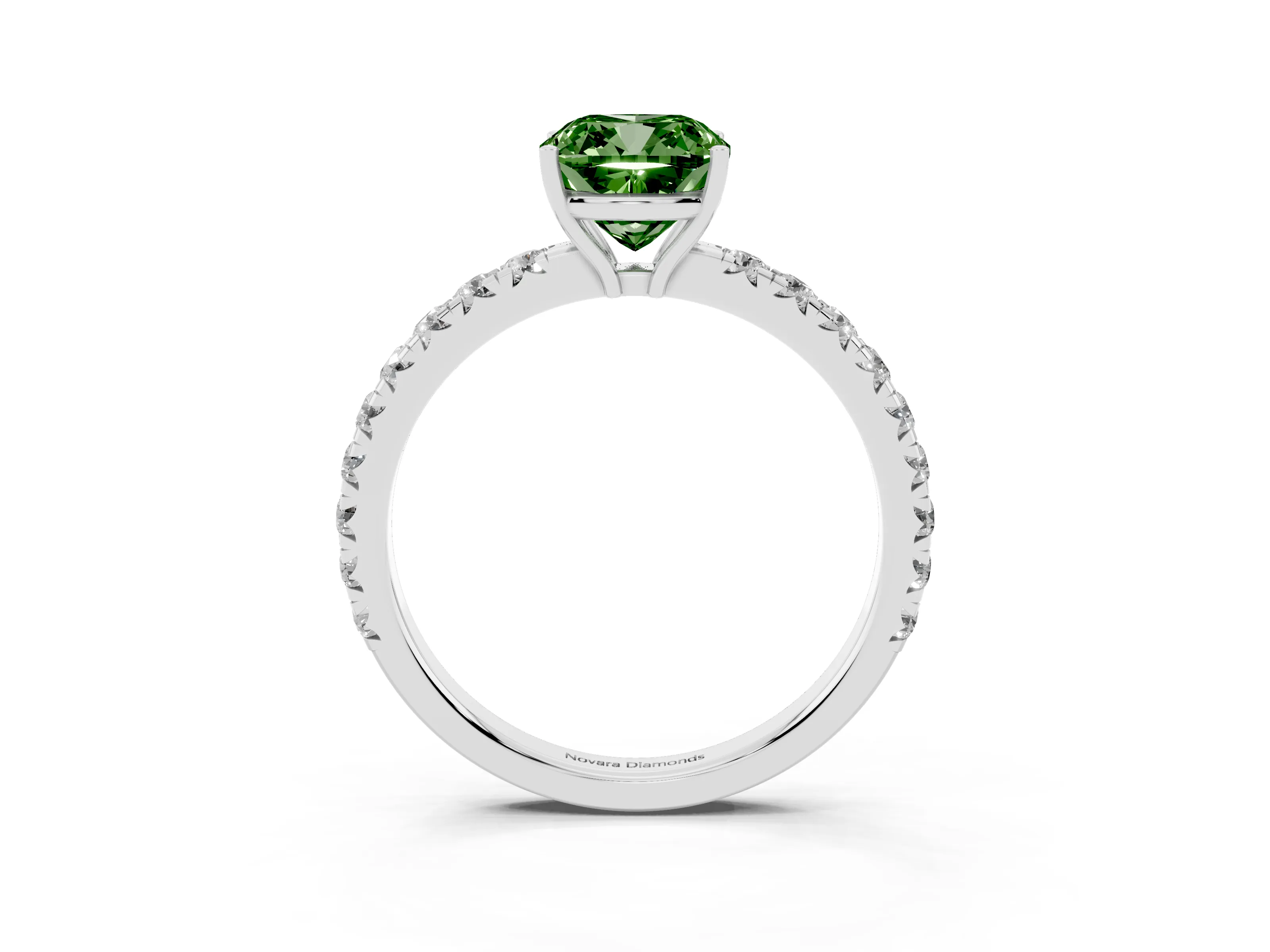 Fancy Green Cushion Cut Diamond Pavé Solitaire Engagement Ring Set in Platinum with Prong Setting
