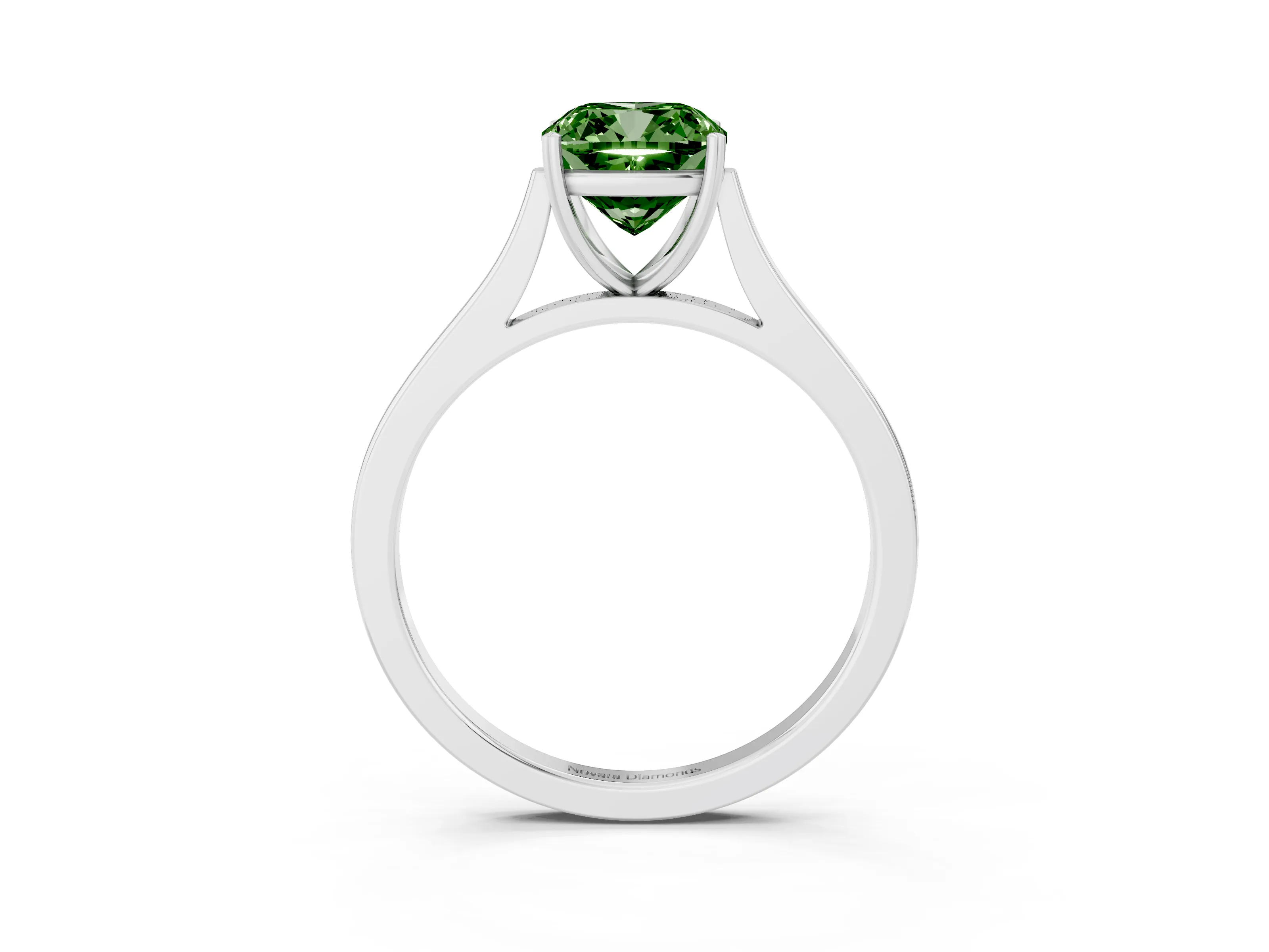 Fancy Green Cushion Cut Diamond Solitaire Heart Prong Engagement Ring Set in White gold with Tapered Band