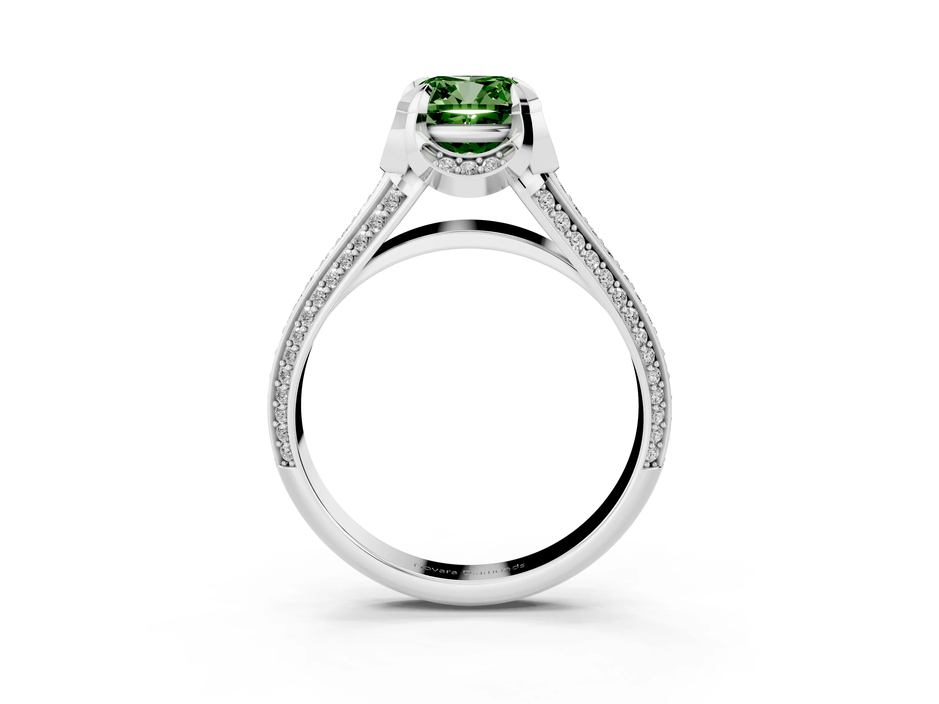 Fancy Green Cushion Cut Diamond Pavé Split Shank Solitaire Ring Set in Platinum with Prong Setting