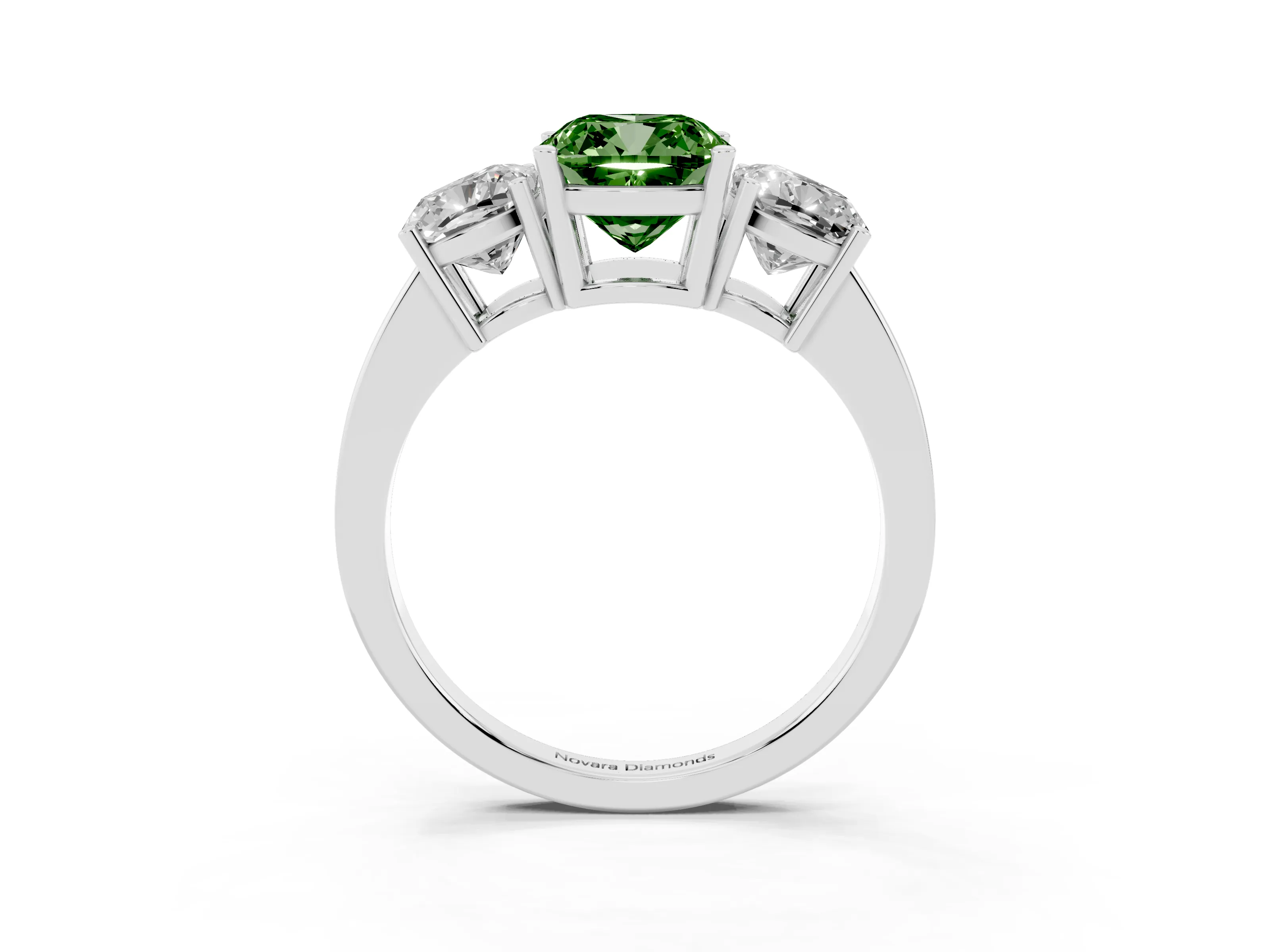 Fancy Green Cushion Cut Diamond Three-Stone Engagement Ring Set in Silver with Flat Band