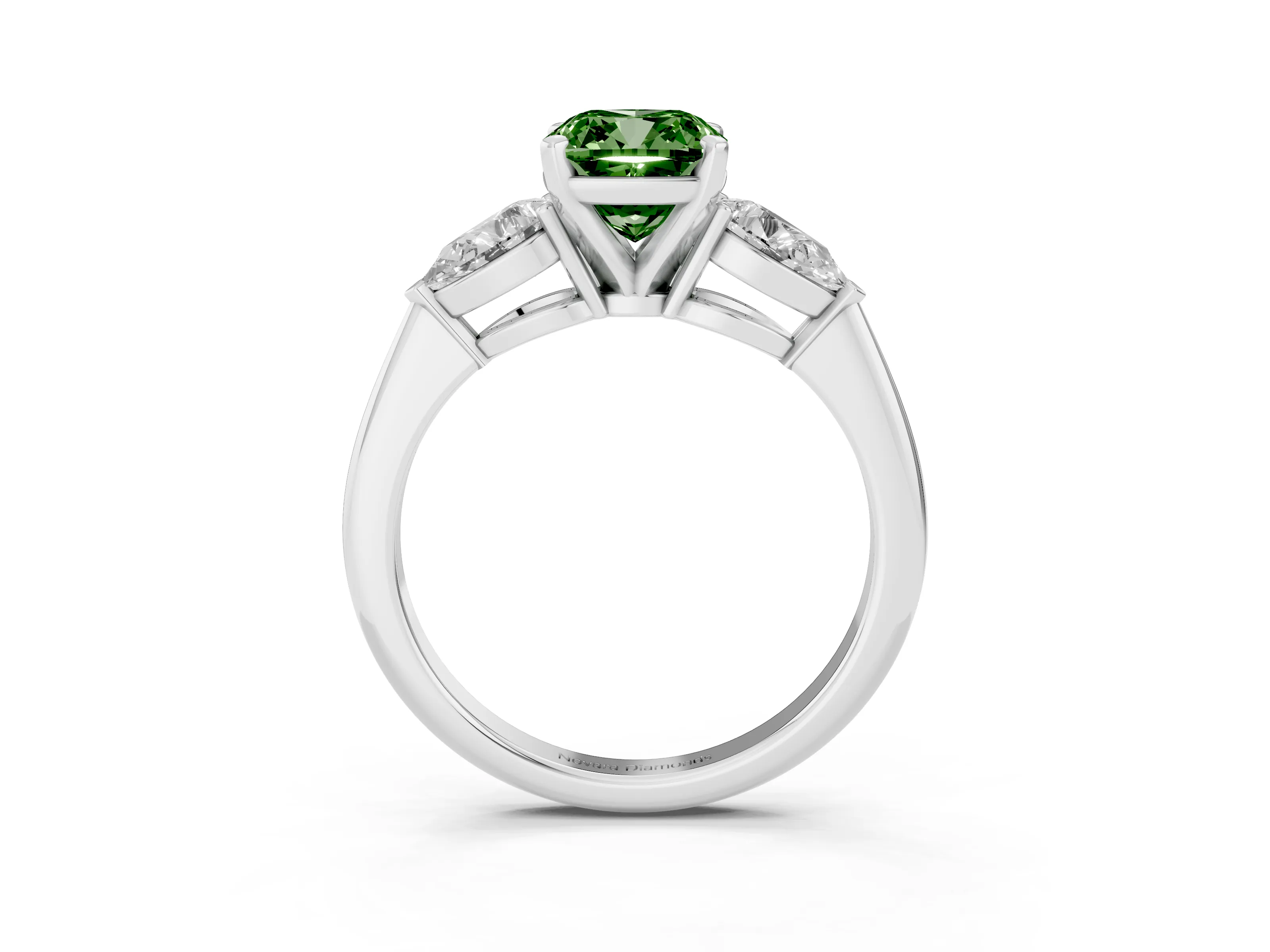 Fancy Green Three-Stone Cushion Cut Diamond Ring Set in Platinum with Pear Side Stones and Prong Setting