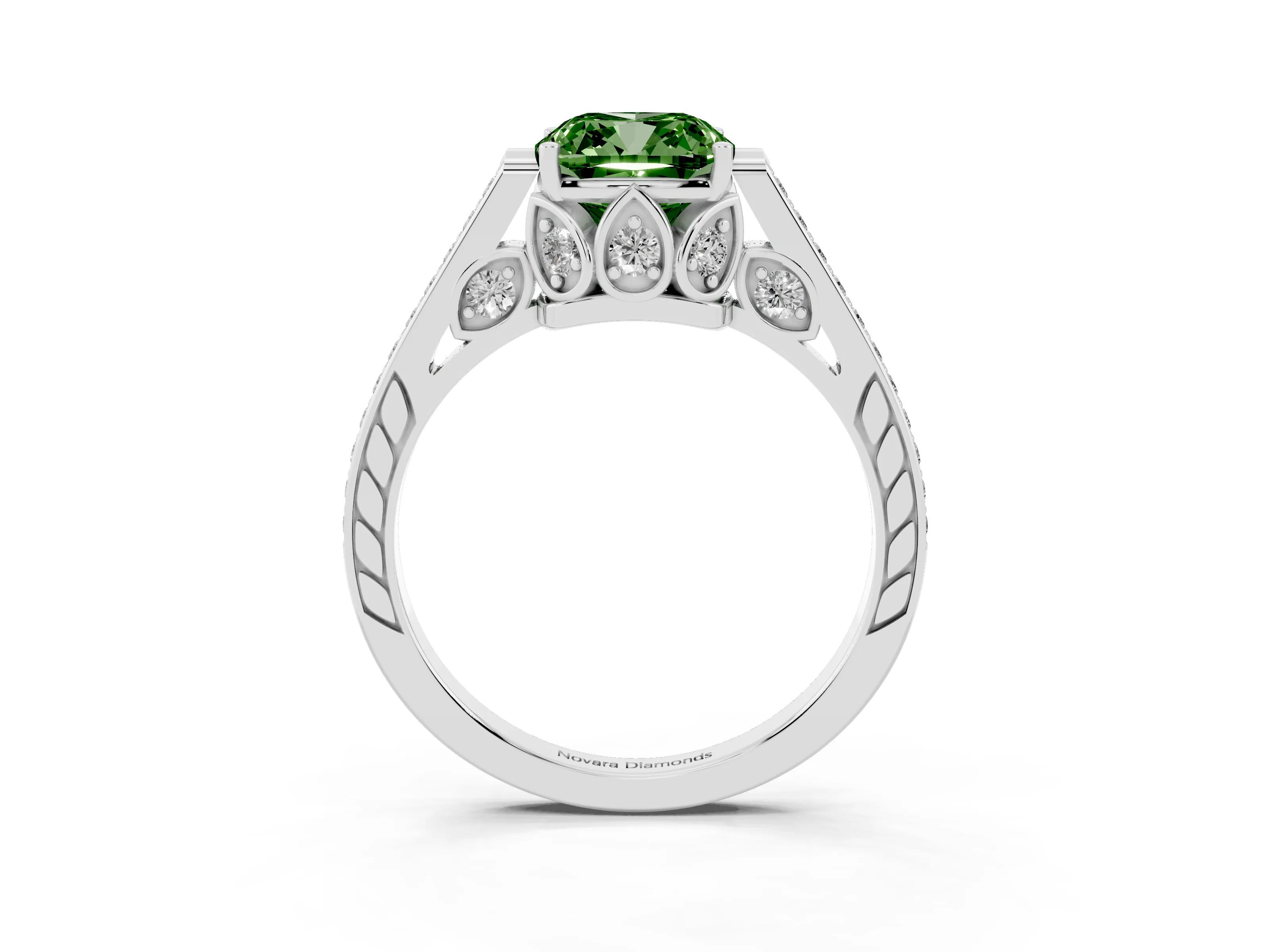 Fancy Green Cushion Cut Diamond Cathedral Pavé Engagement Ring Set in White gold with Prong Setting