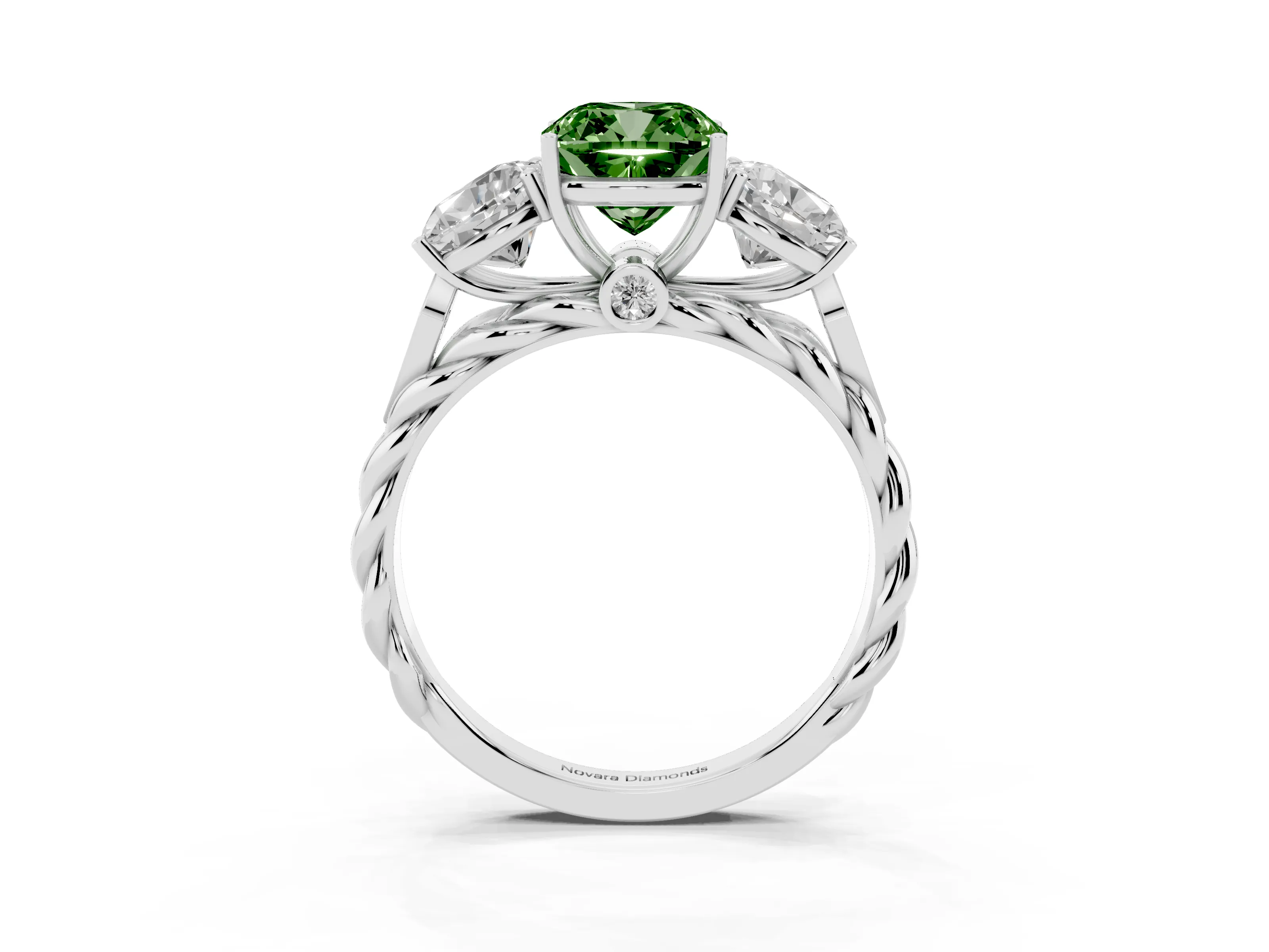 Fancy Green Cushion Cut Diamond Three-Stone Ring Set in White gold with Braided Band