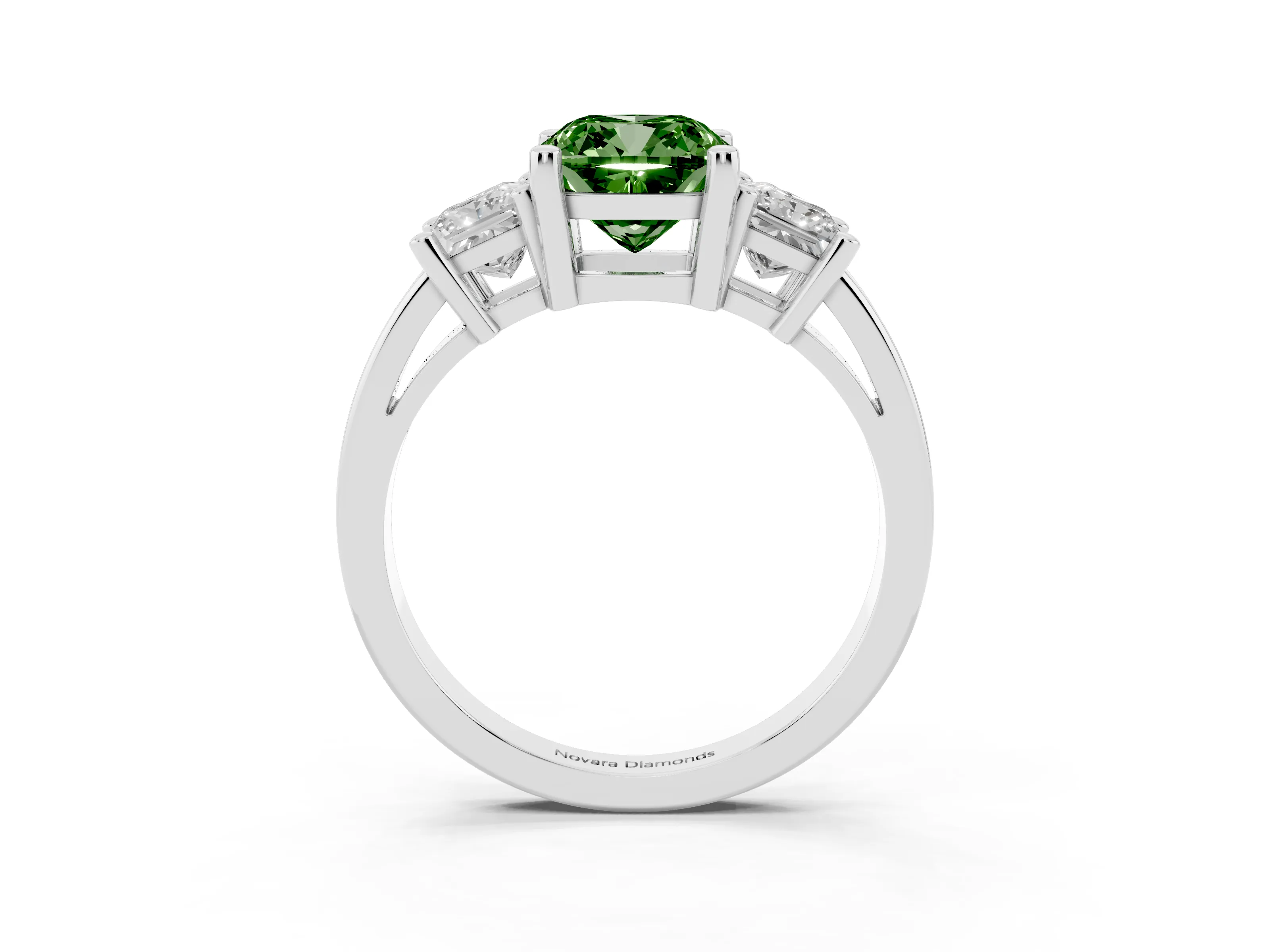 Fancy Green Three-Stone Cushion Cut Diamond Solitaire Ring Set in Silver with Prong Setting