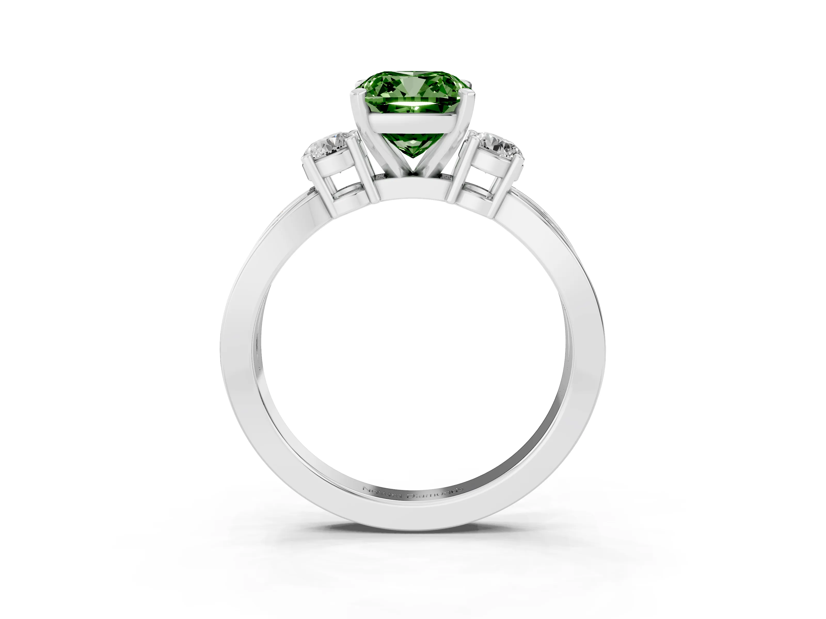 Fancy Green Three-Stone Cushion Cut Diamond Twist Band Ring Set in Silver with Pavé Accents and Prong Setting