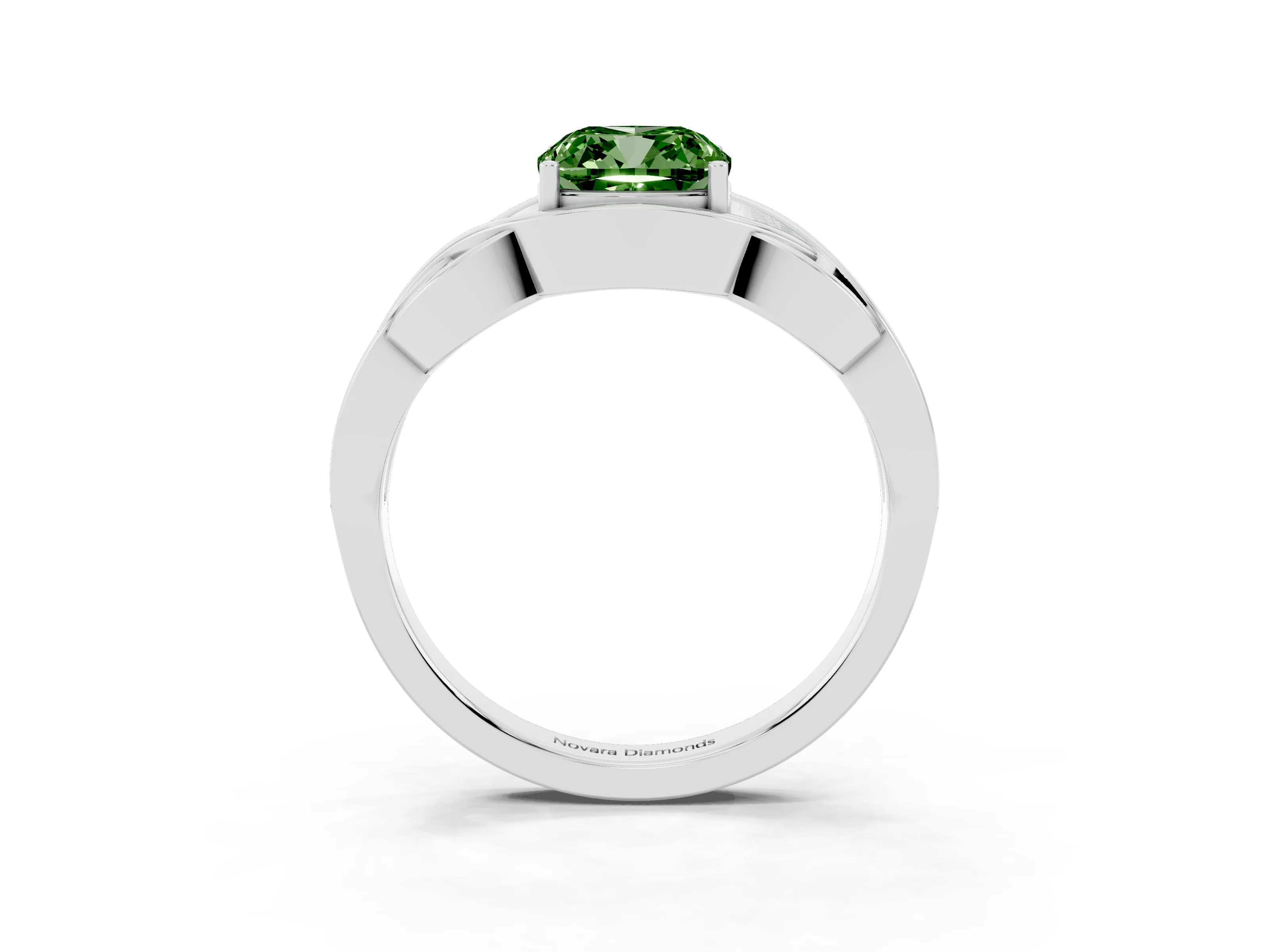 Fancy Green Cushion Cut Diamond Solitaire Ring Set in Silver with Intertwined Band