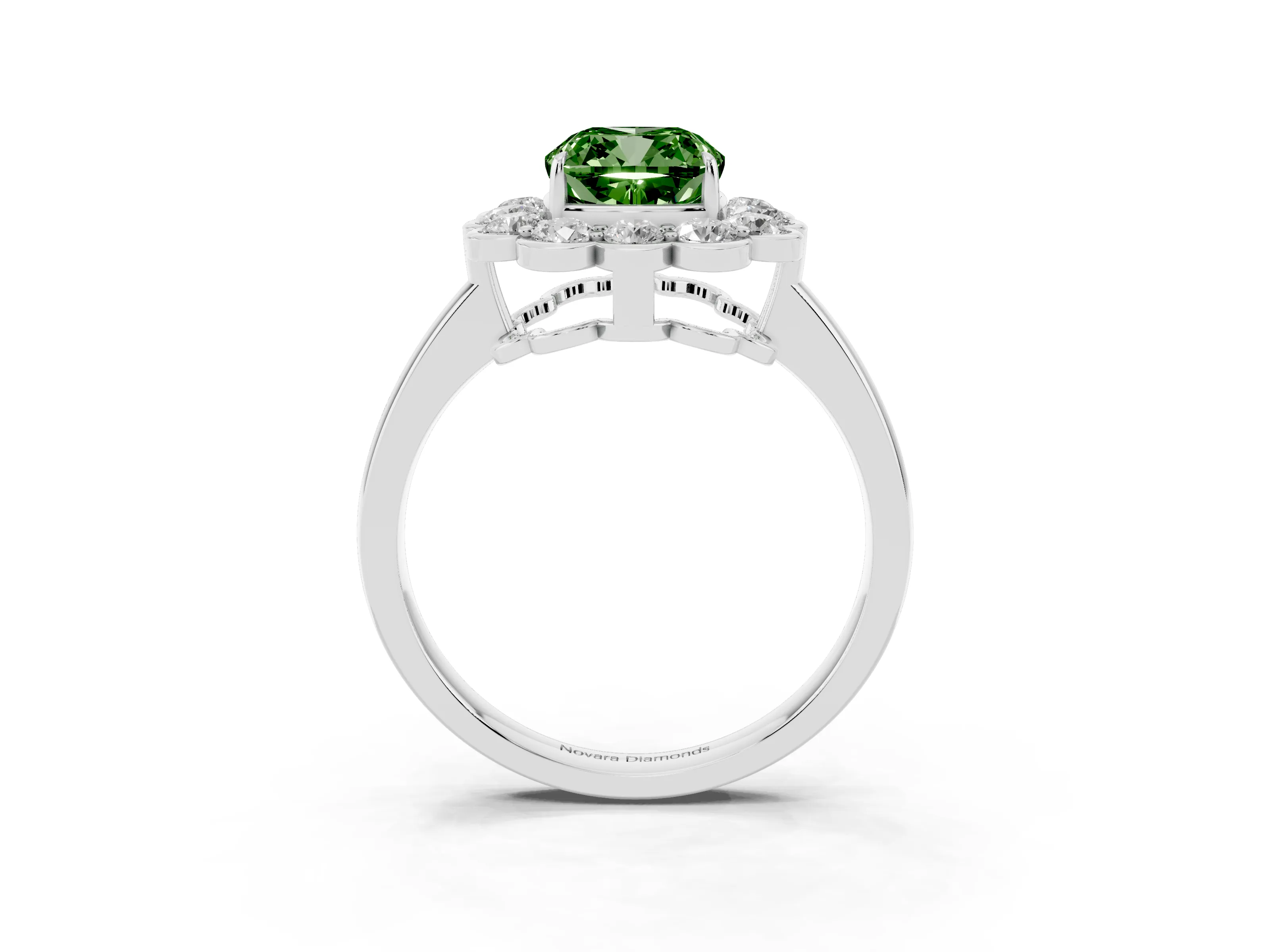 Fancy Green Cushion Cut Diamond Halo Cluster Engagement Ring Set in White gold with Solitaire Band and Prong Setting
