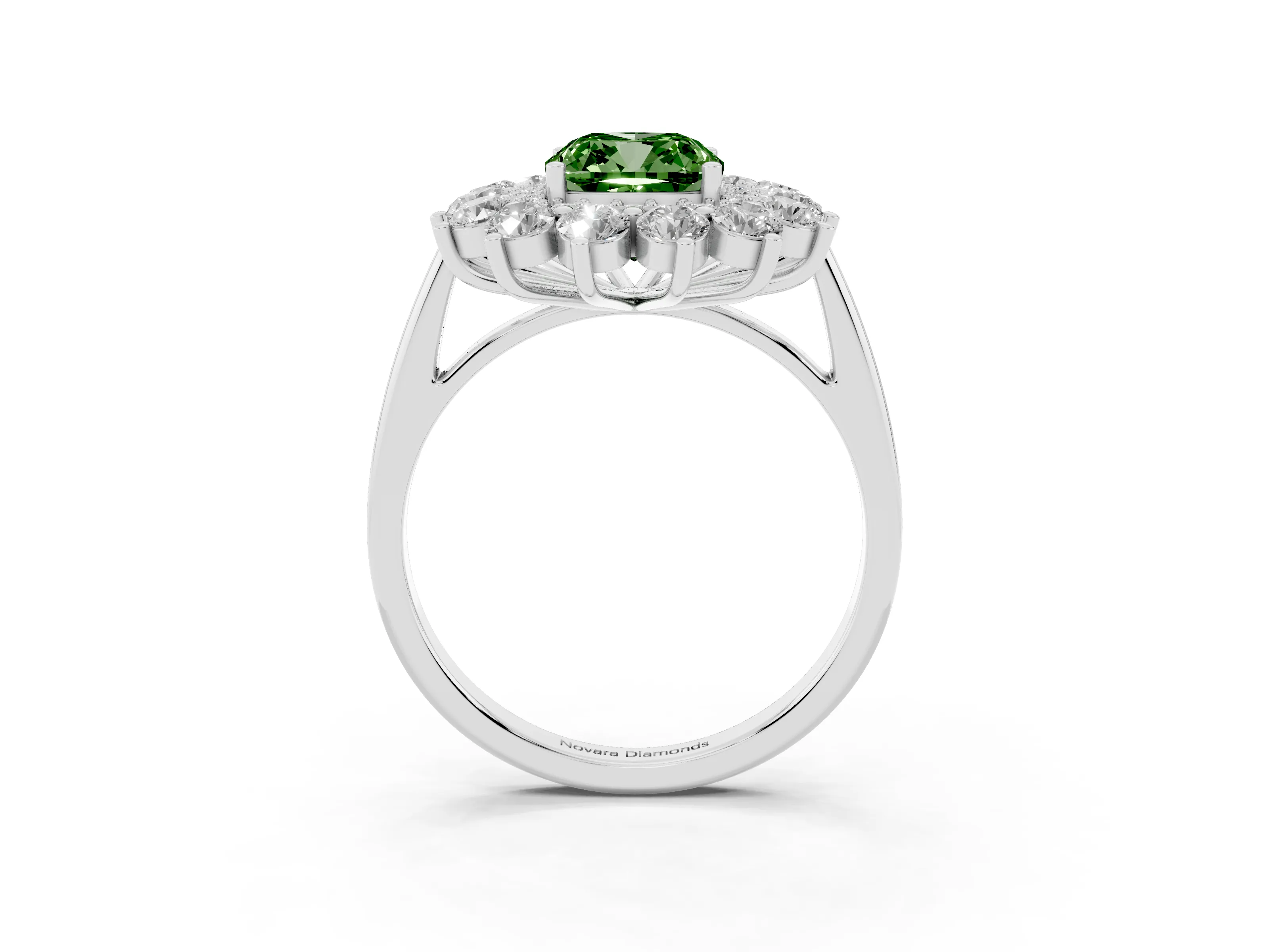 Fancy Green Cushion Cut Diamond Floral Double Halo Ring Set in White gold with Round Petals