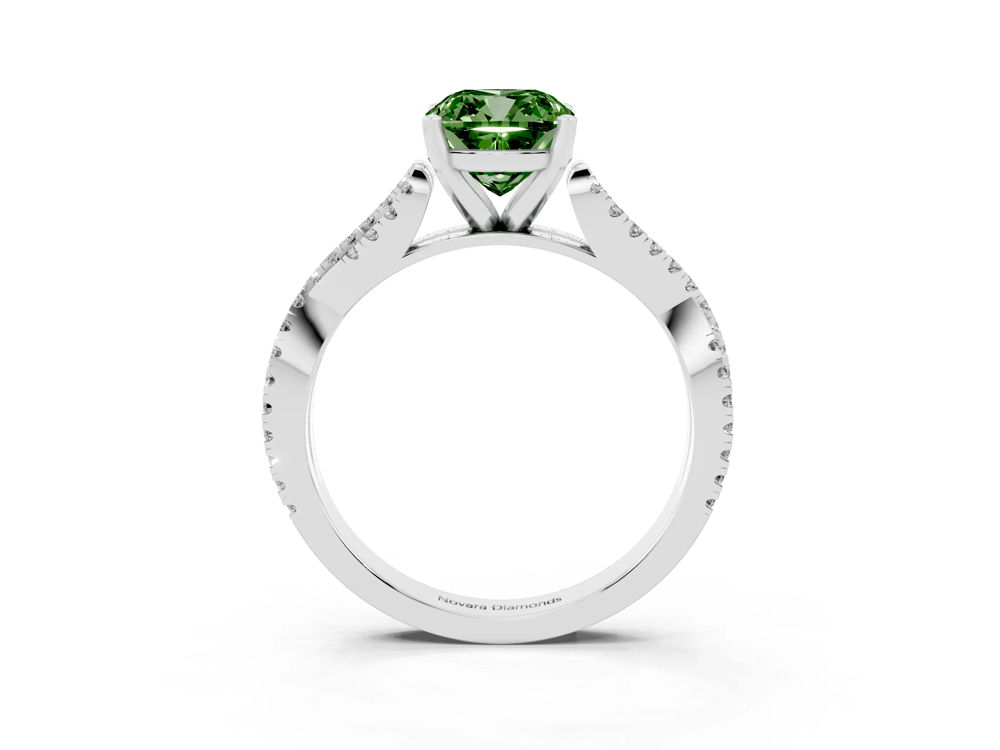 Fancy Green Cushion Cut Diamond Solitaire Engagement Ring Set in White gold with Twisted Pavé Band and Prong Setting