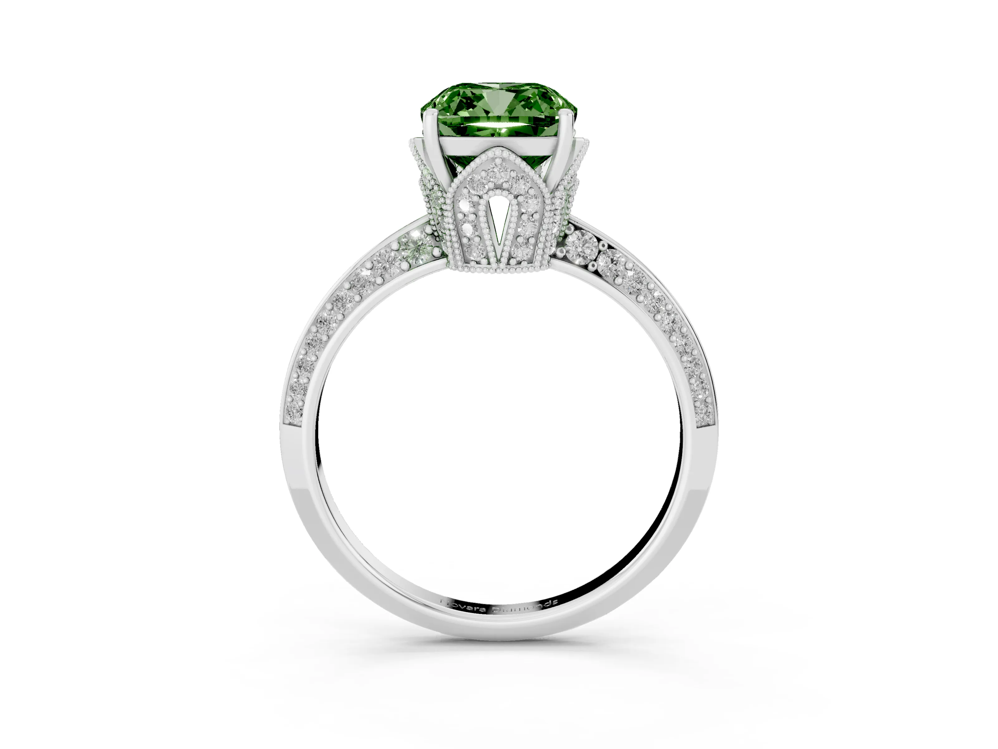 Fancy Green Cushion Cut Diamond Solitaire Engagement Ring Set in Silver with Pavé Split Shank and Prong Setting