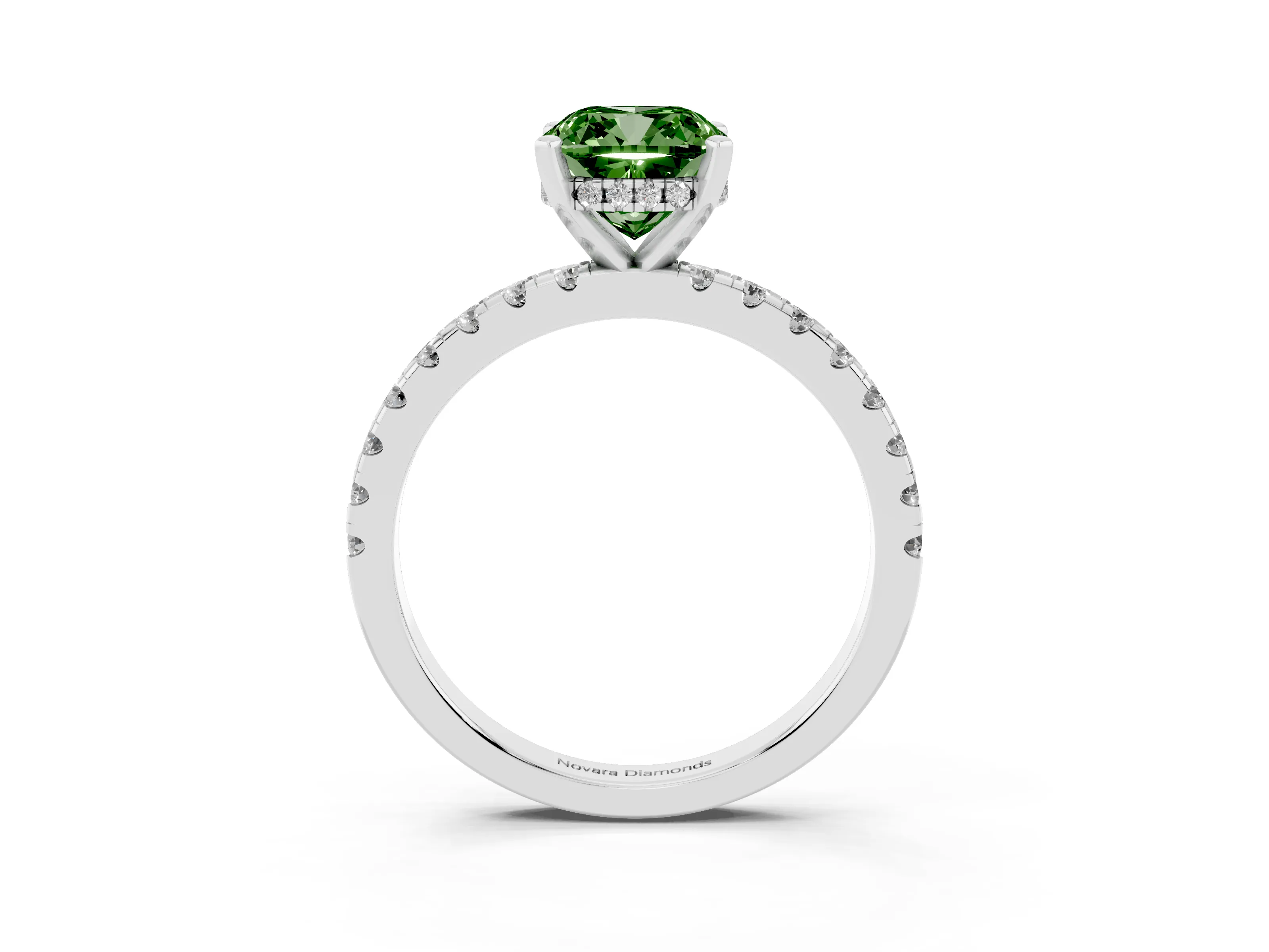 Fancy Green Cushion Cut Diamond Pavé Solitaire Ring Set in Platinum with Round Band Accents and Prong Setting