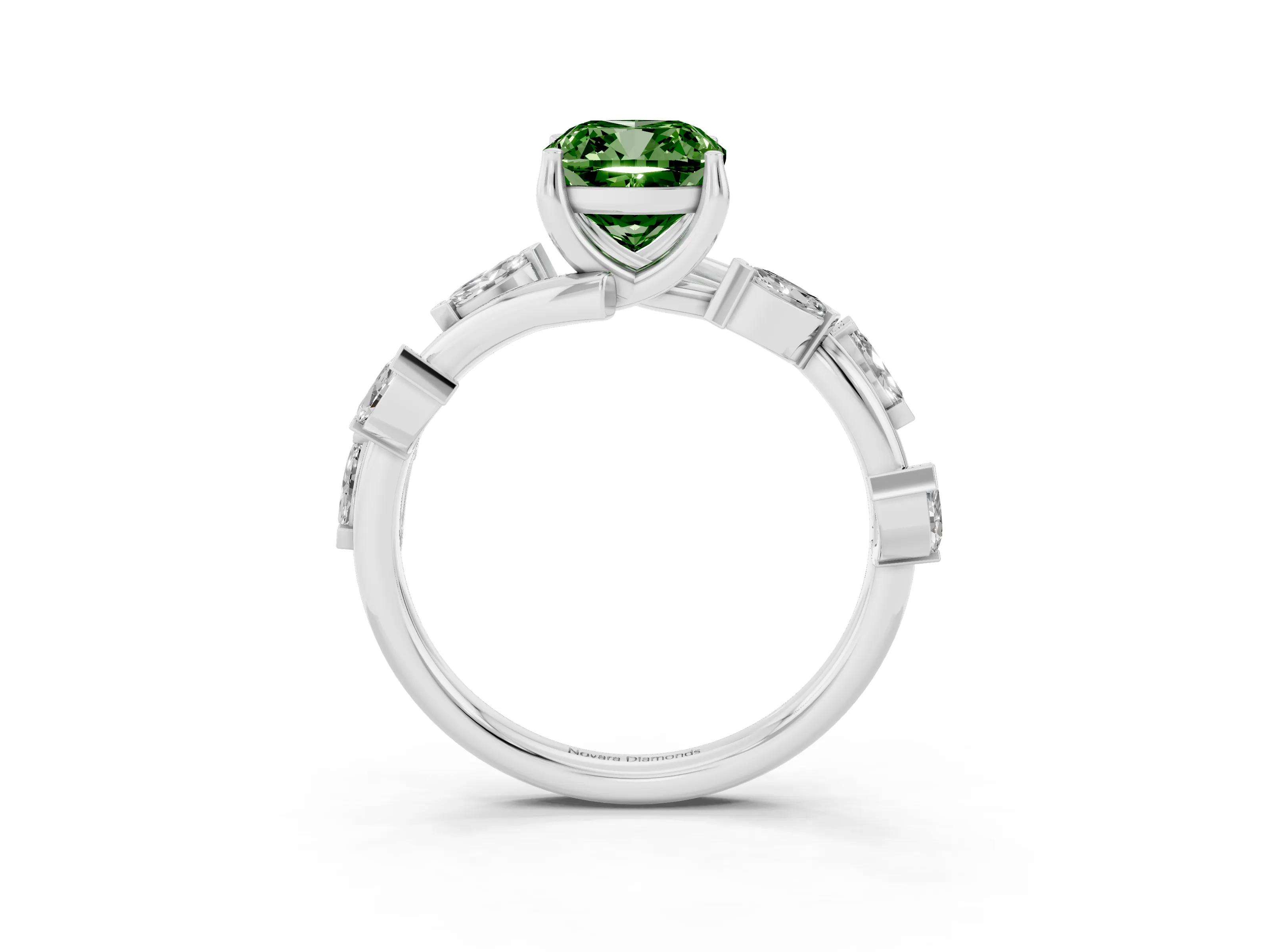 Fancy Green Cushion Cut Diamond Solitaire Ring Set in Silver with Twisted Marquise Accent Band
