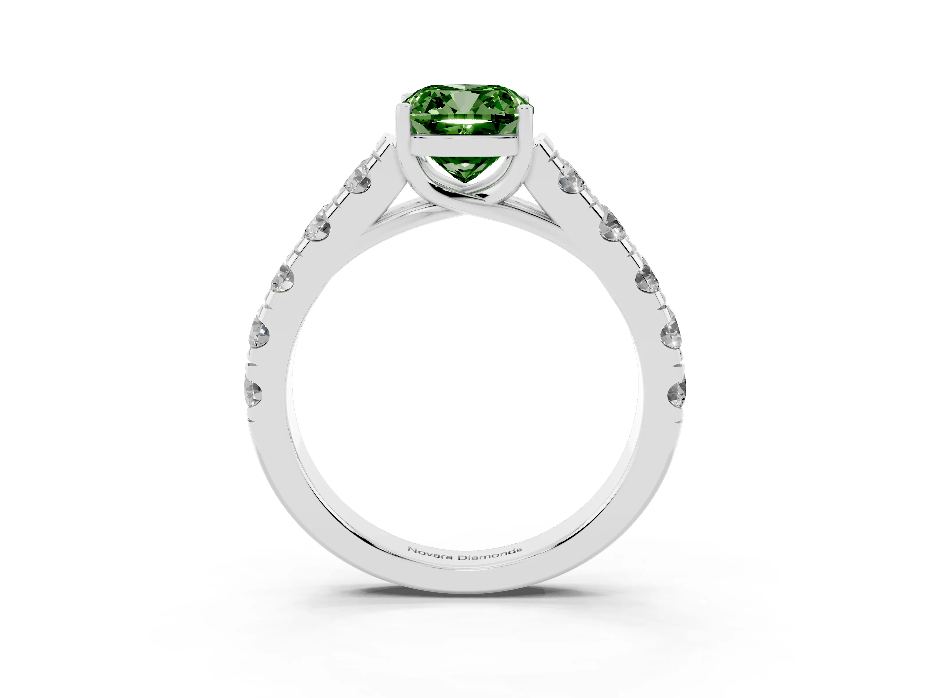 Fancy Green Cushion Cut Diamond Solitaire Ring Set in Platinum with Cut-Down Micro Pavé Band and Prong Setting