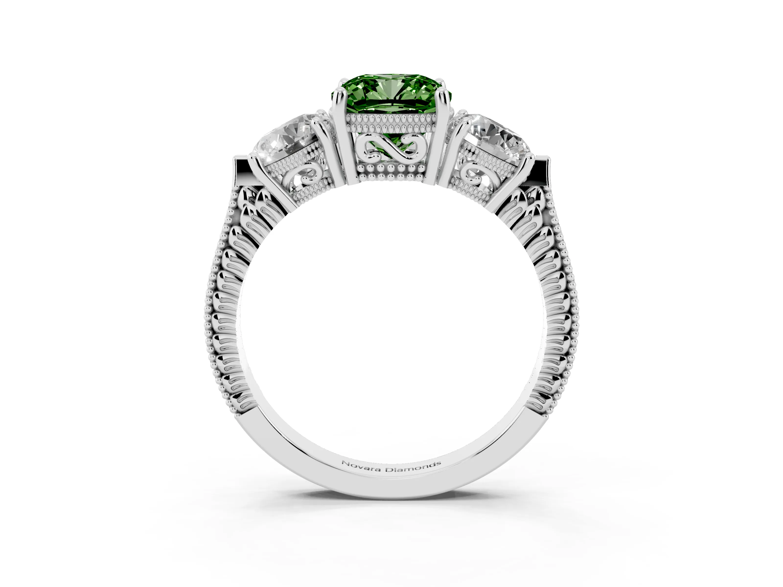 Fancy Green Cushion Cut Diamond Three-Stone Ring Set in White gold with Milgrain Band