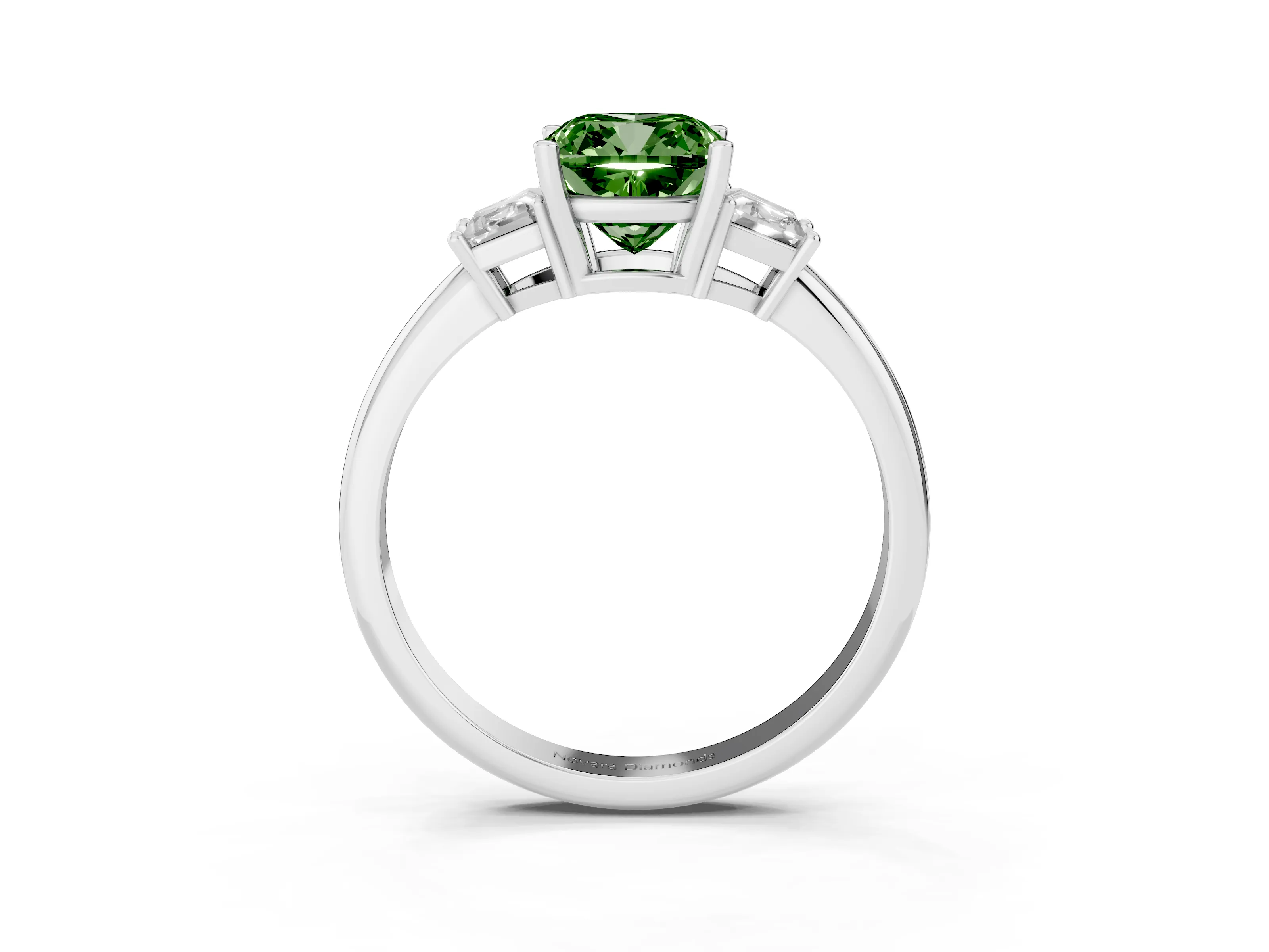 Fancy Green Cushion Cut Diamond Three-Stone Ring Set in Silver with Trapezoid Side Stones and Prong Setting