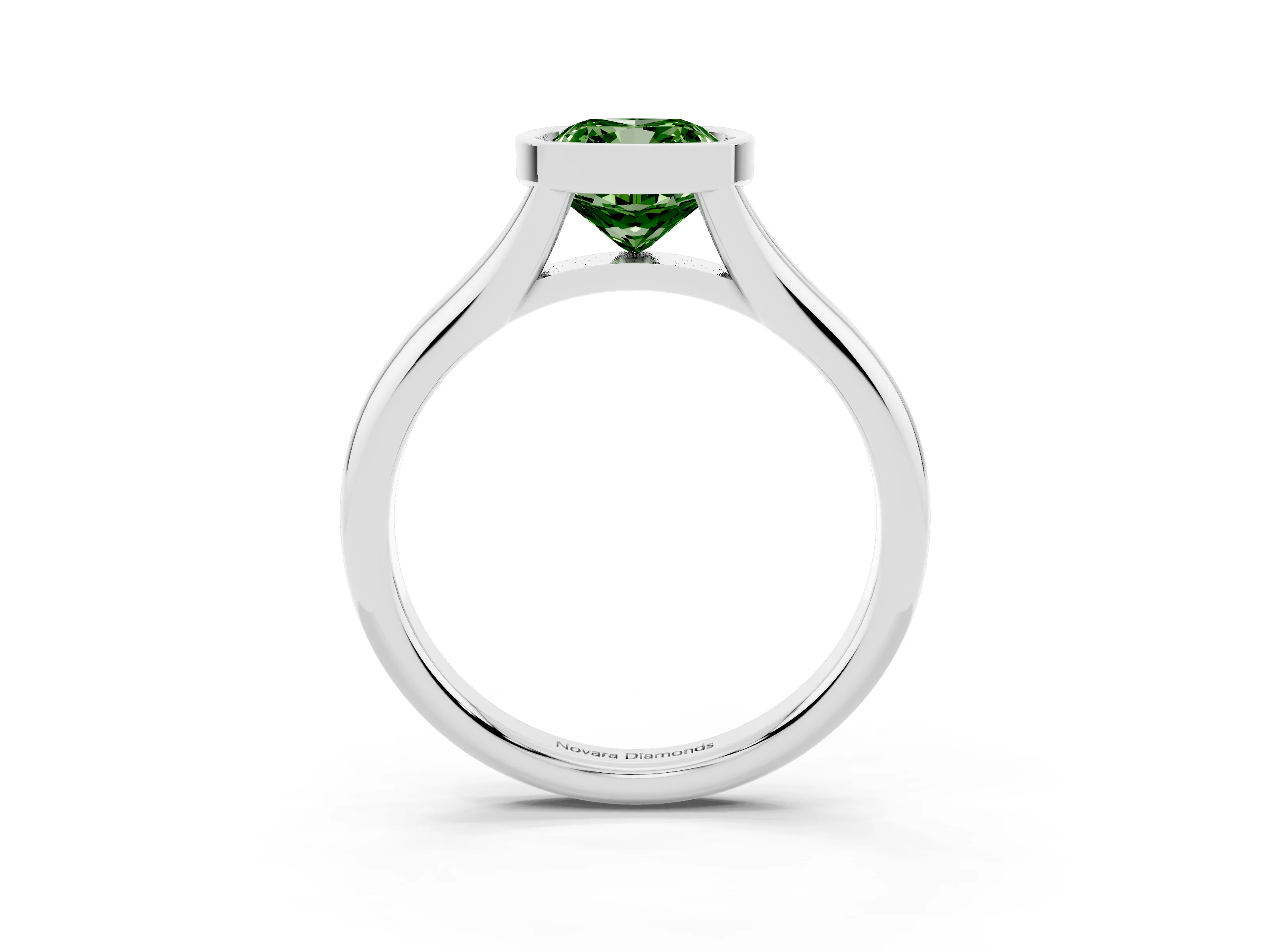 Fancy Green Bezel Set Cushion Cut Diamond Solitaire Ring Set in Silver with Smooth Band