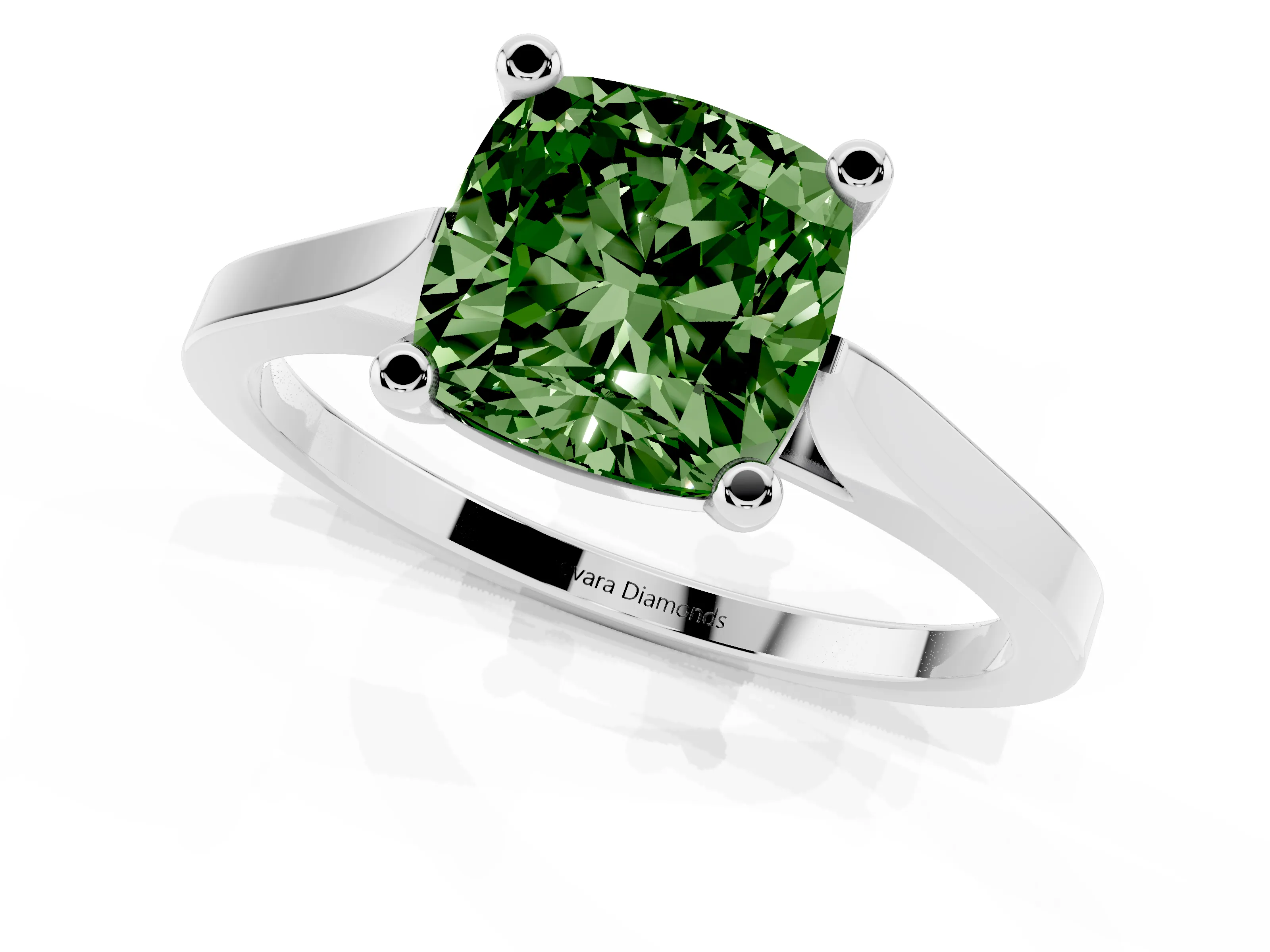 Fancy Green Cushion Cut Diamond Solitaire Ring Set in Silver with Prong Setting and Tapered Band