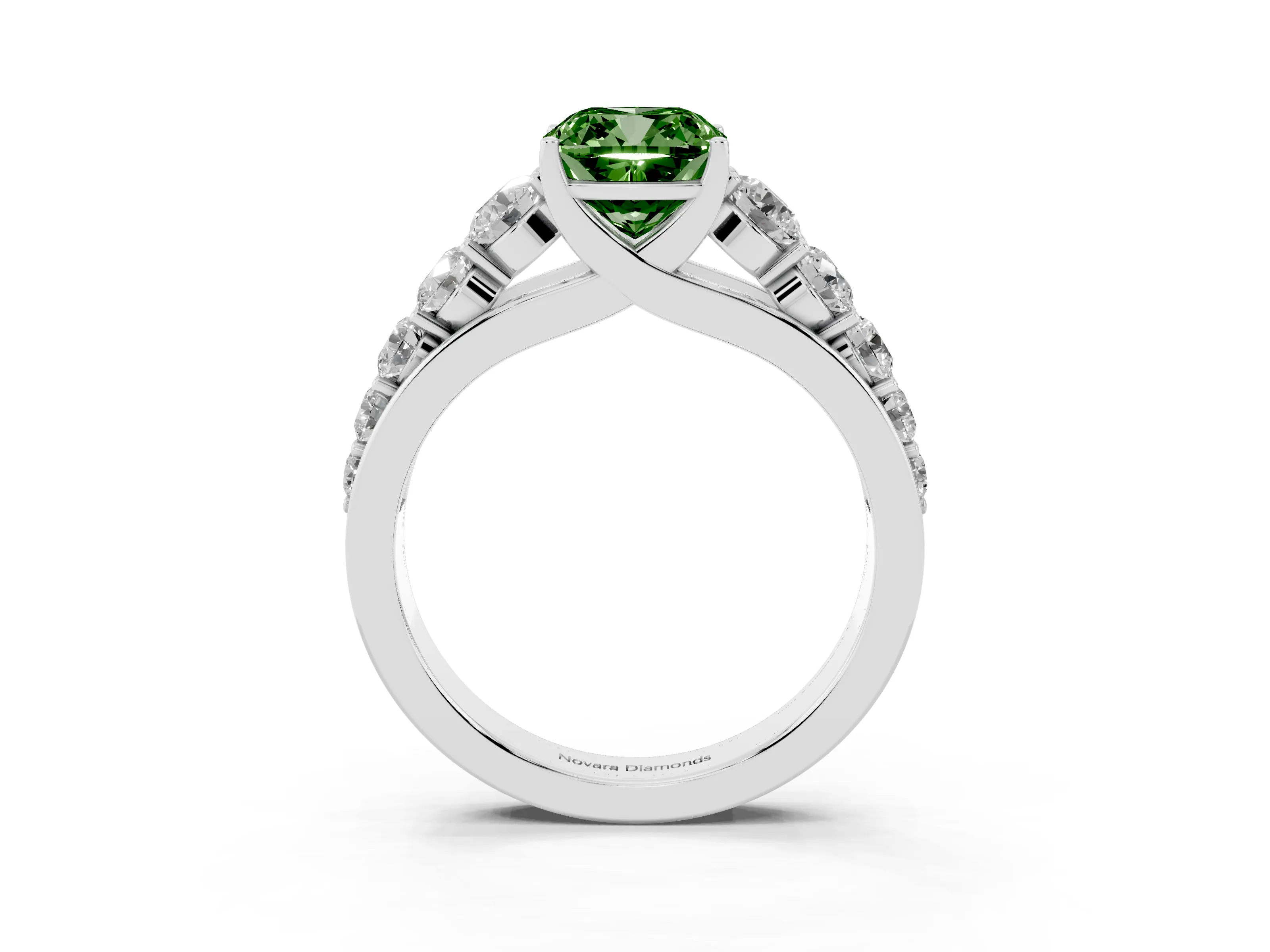 Fancy Green Cushion Cut Diamond Solitaire Ring Set in Silver with Pavé-Set Band and Prong Setting