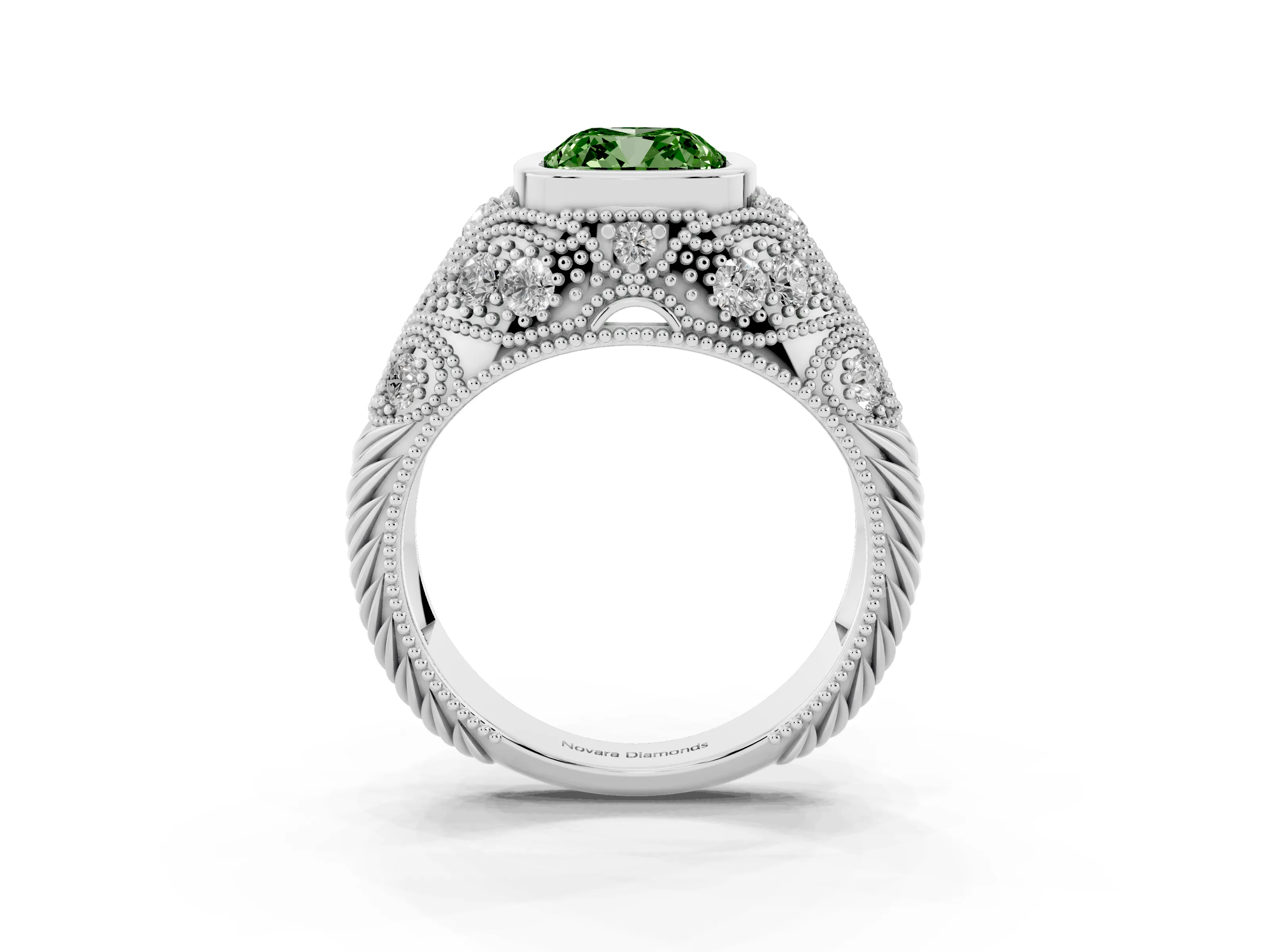 Fancy Green Cushion Cut Diamond Bezel Ring Set in Silver with Milgrain Accent Band
