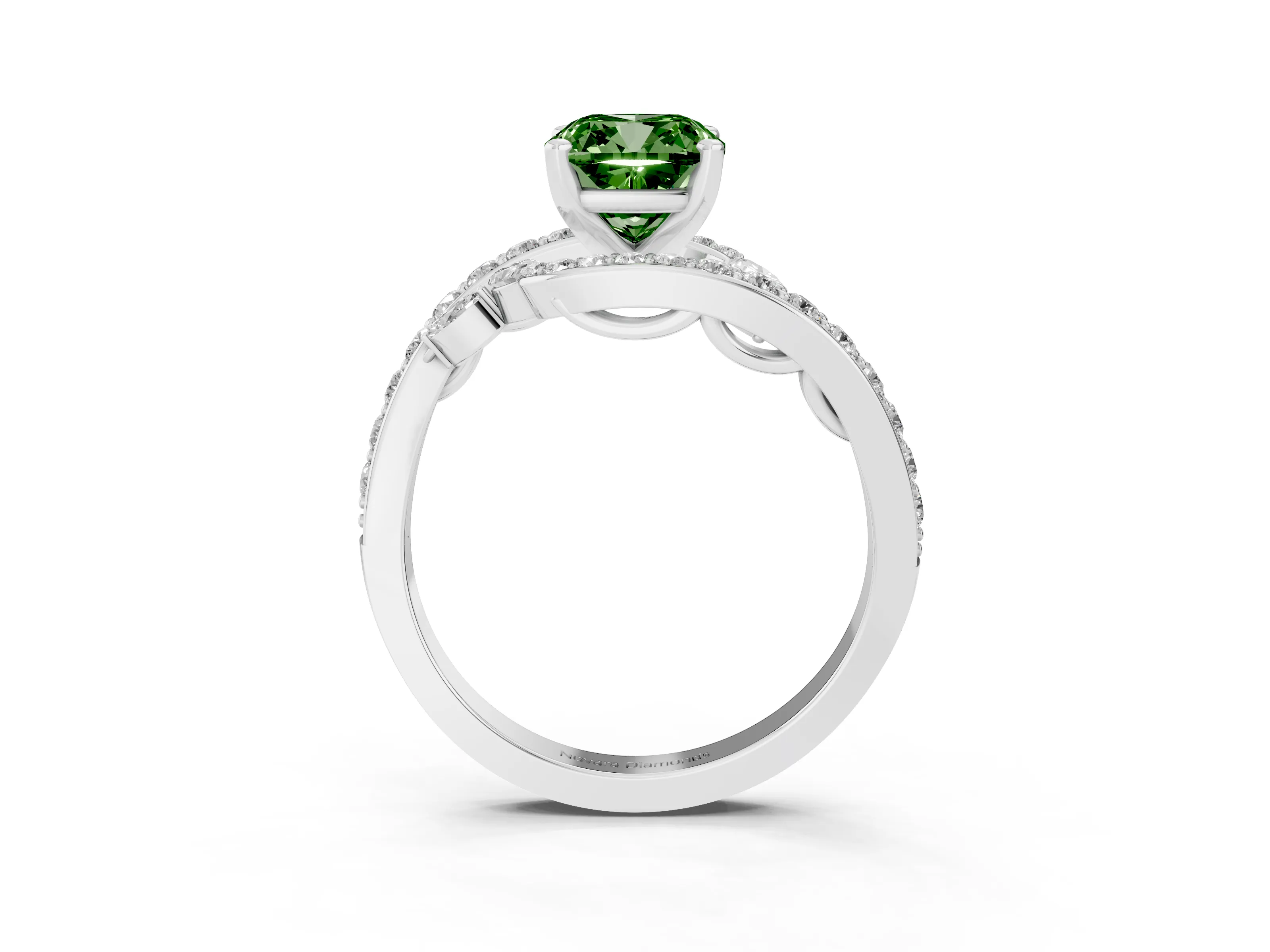 Fancy Green Cushion Cut Diamond Solitaire Ring Set in Platinum with Filigree Band and Prong Setting