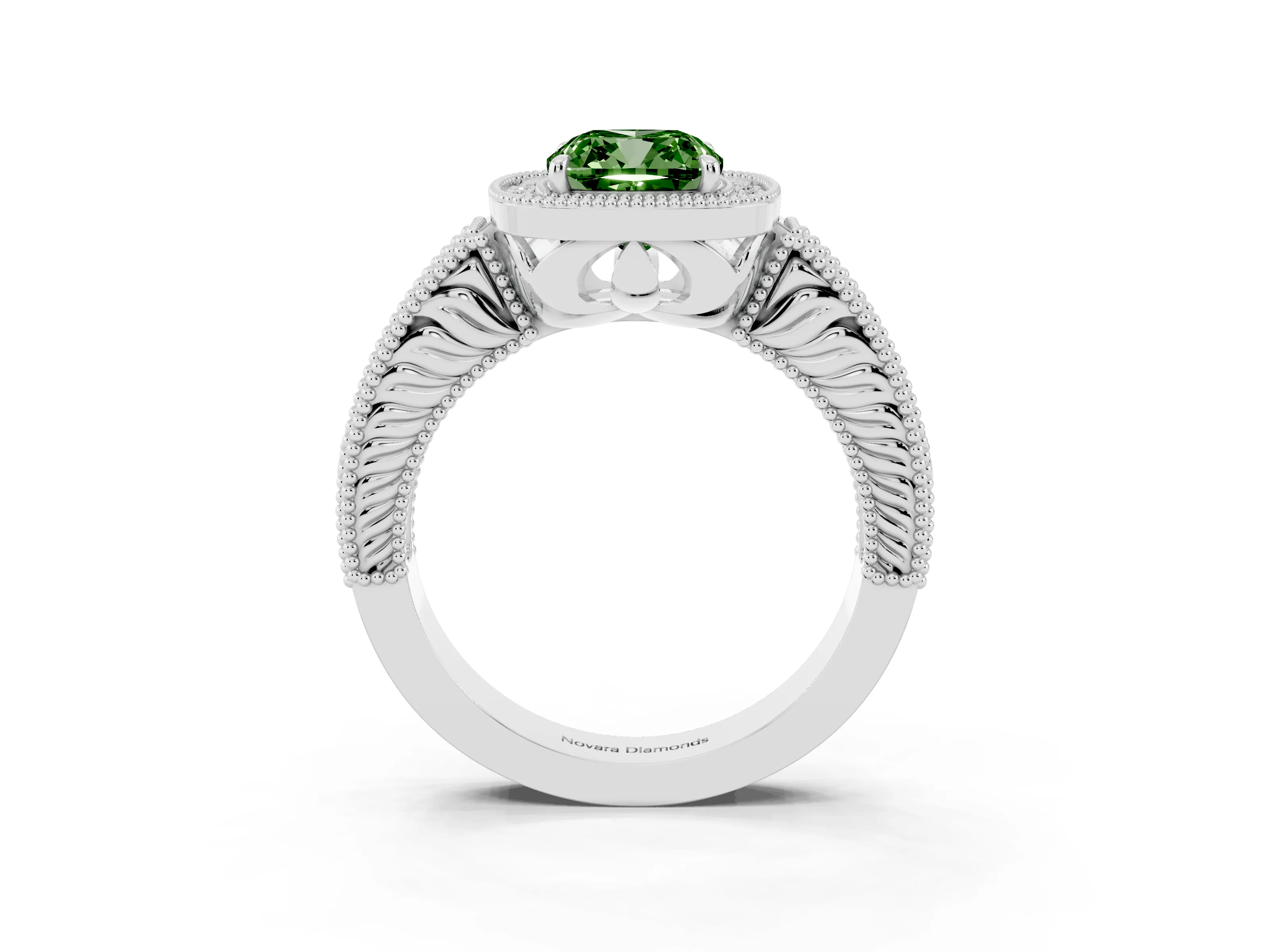 Fancy Green Cushion Cut Diamond Halo Ring Set in White gold with Round Accent Halo, Pavé Band and Prong Setting
