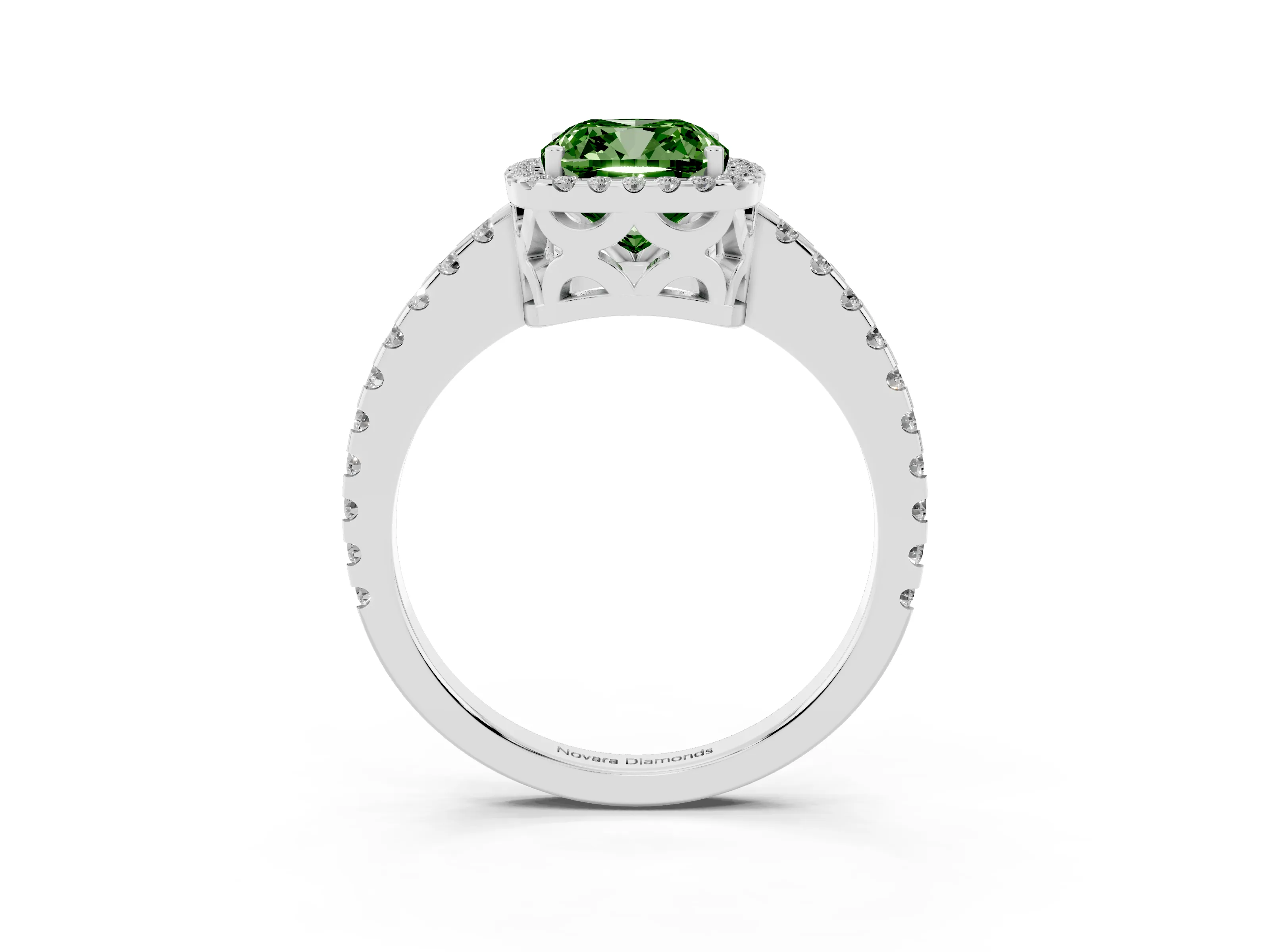 Fancy Green Cushion Cut Diamond Halo Ring Set in Silver with Pavé Shoulders and Halo-Framed Center