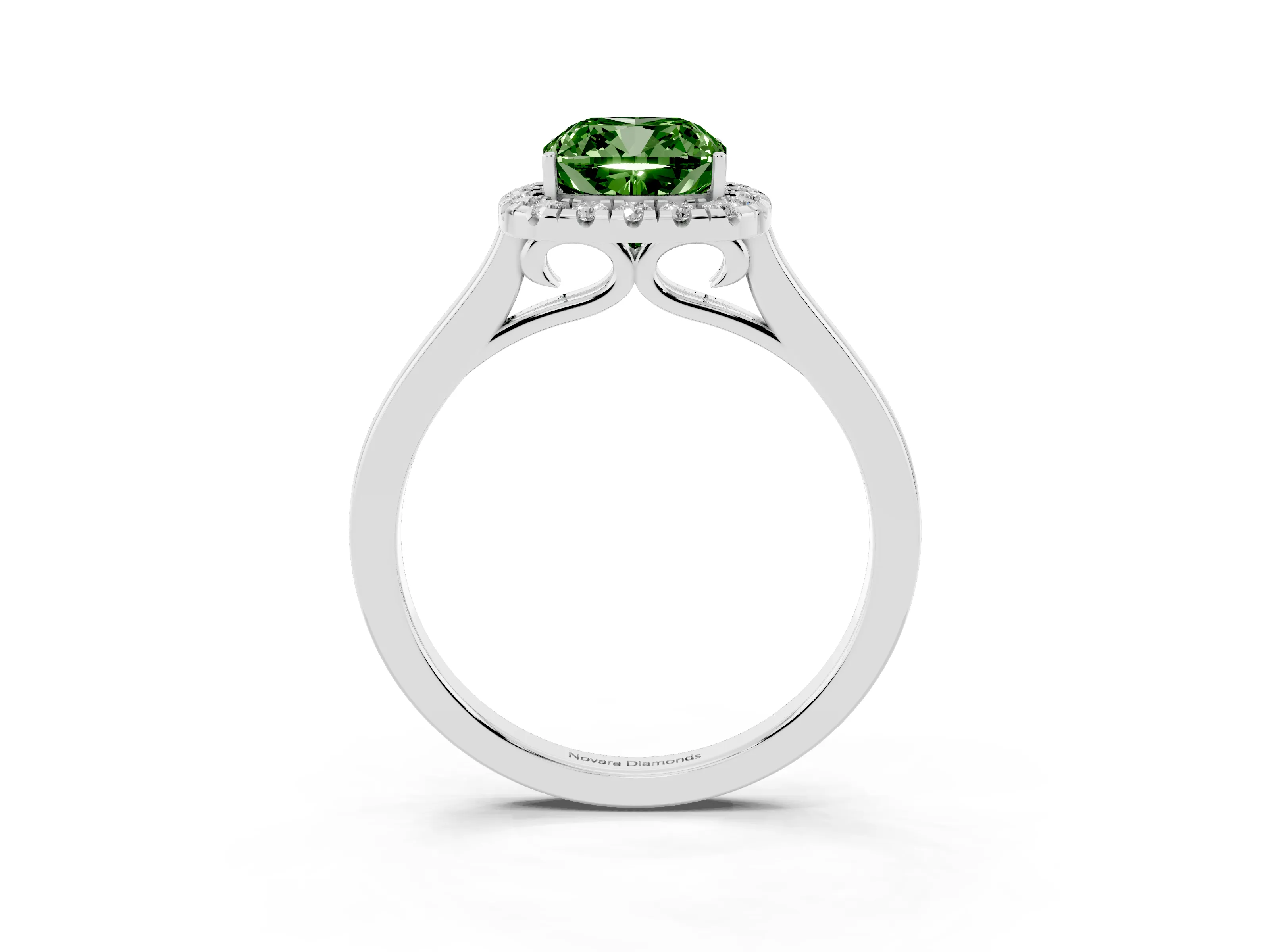 Fancy Green Cushion Cut Halo Round Diamond Solitaire Ring Set in White gold with Pavé Band and Prong Setting