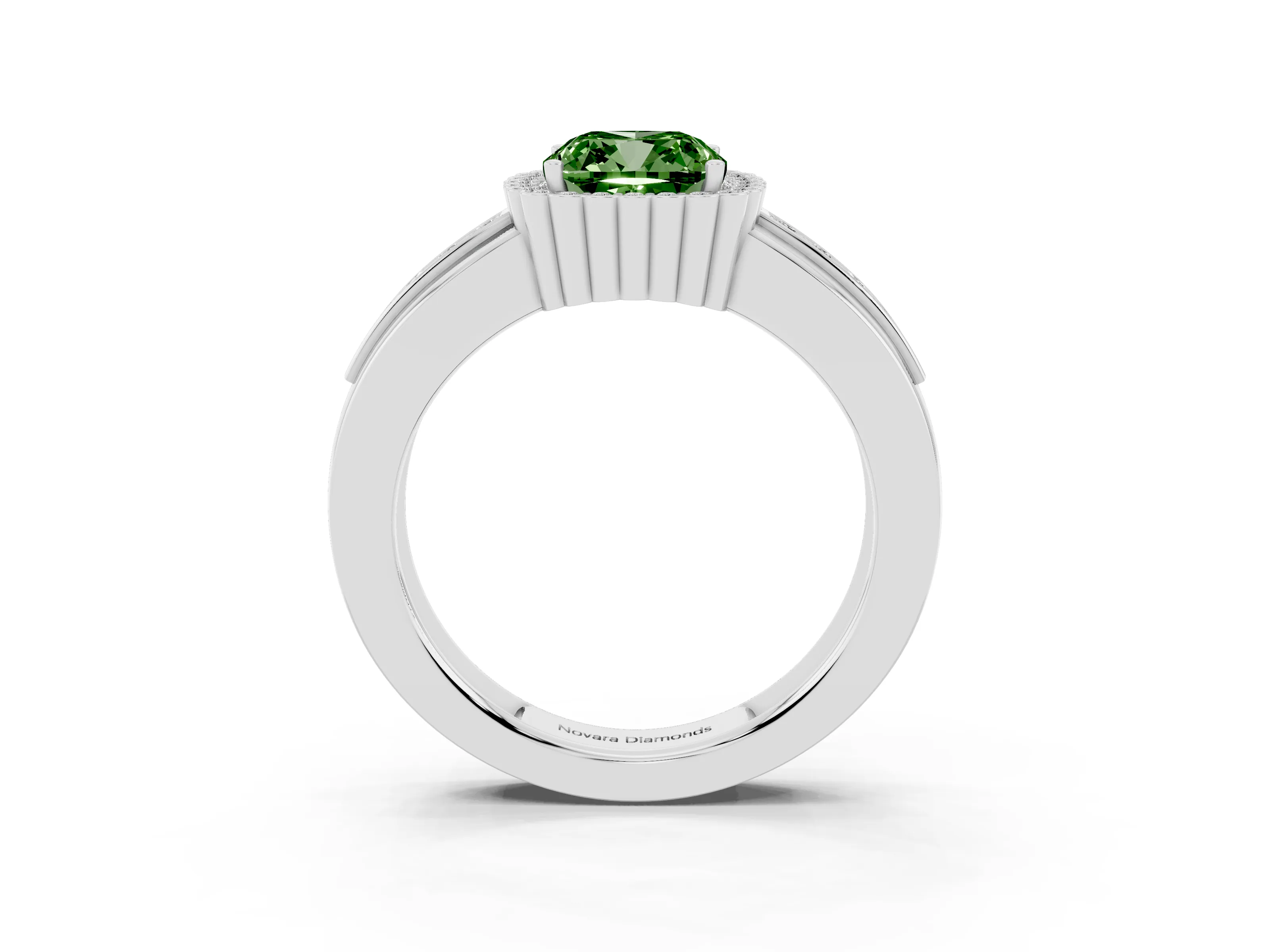 Fancy Green Cushion Cut Diamond Halo Prong Ring Set in Platinum with Pavé Band