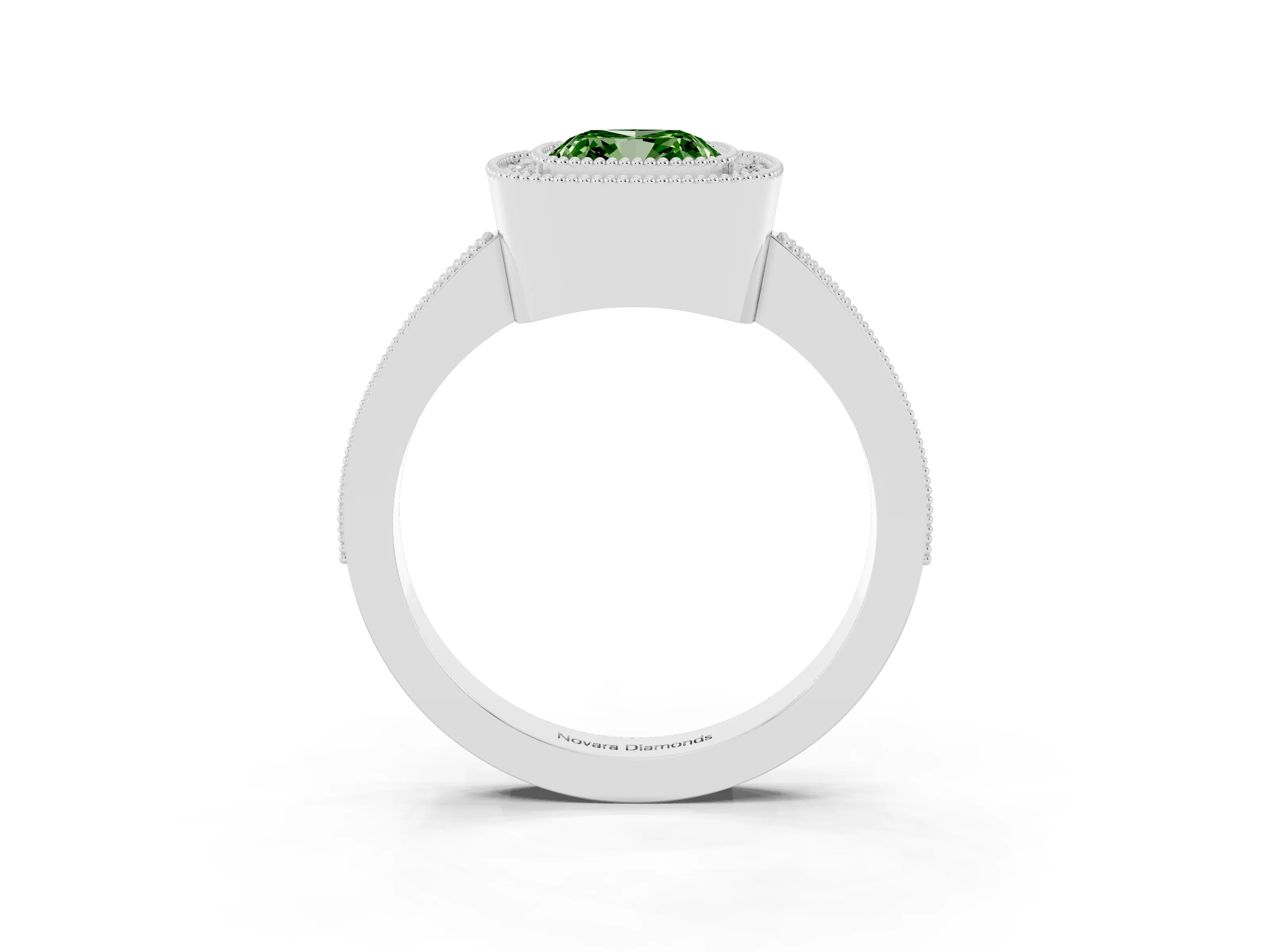 Fancy Green Cushion Cut Diamond Halo Engagement Ring Set in White gold with Pavé Band and Round Halo Stones