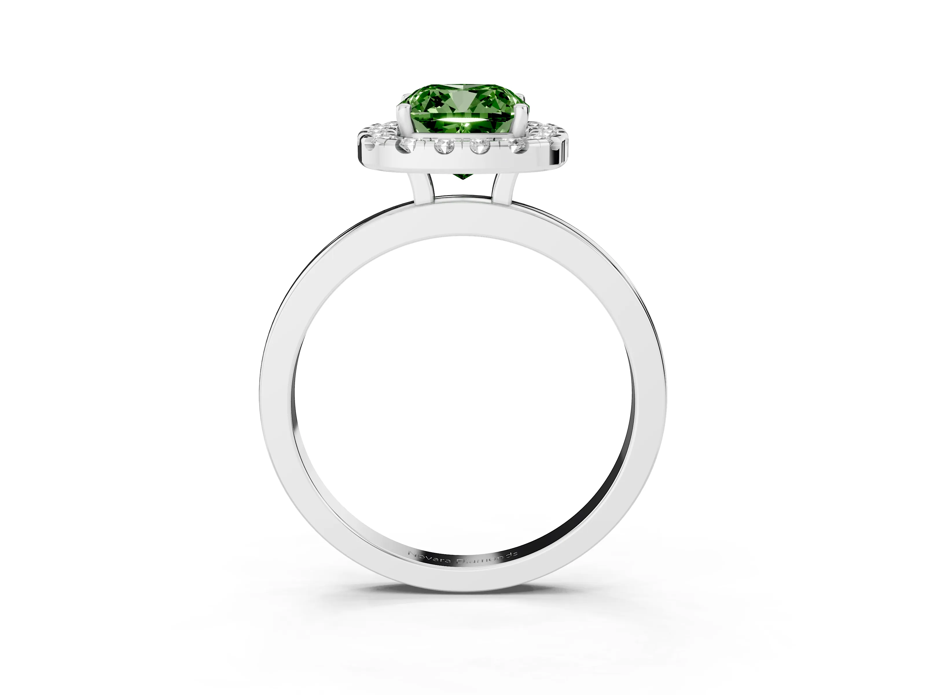 Fancy Green Cushion Cut Diamond Halo Solitaire Ring Set in Silver with Pavé Band and Prong Setting