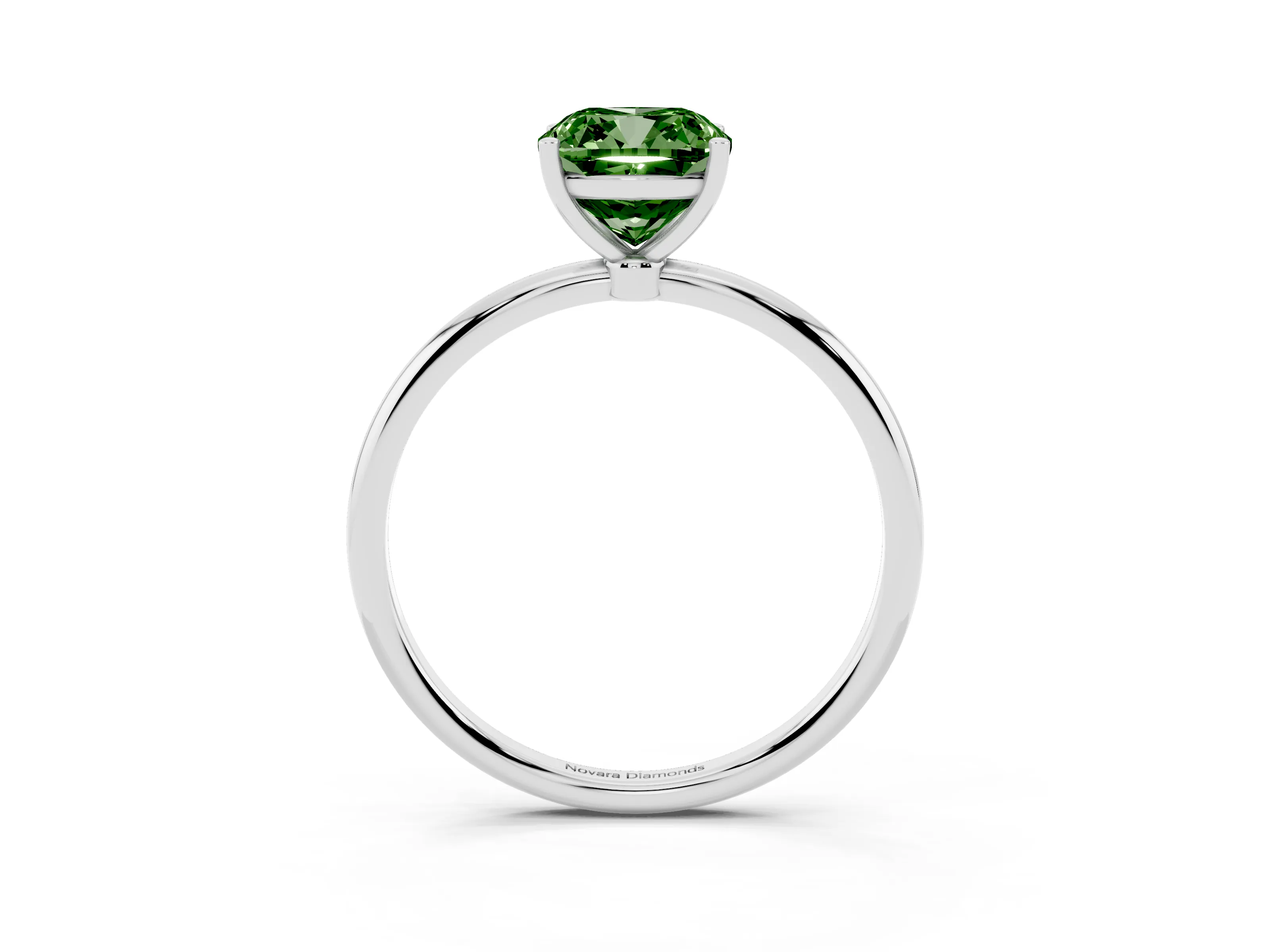 Fancy Green Cushion Cut Diamond Solitaire Engagement Ring Set in White gold with Thin Band and Prong Setting