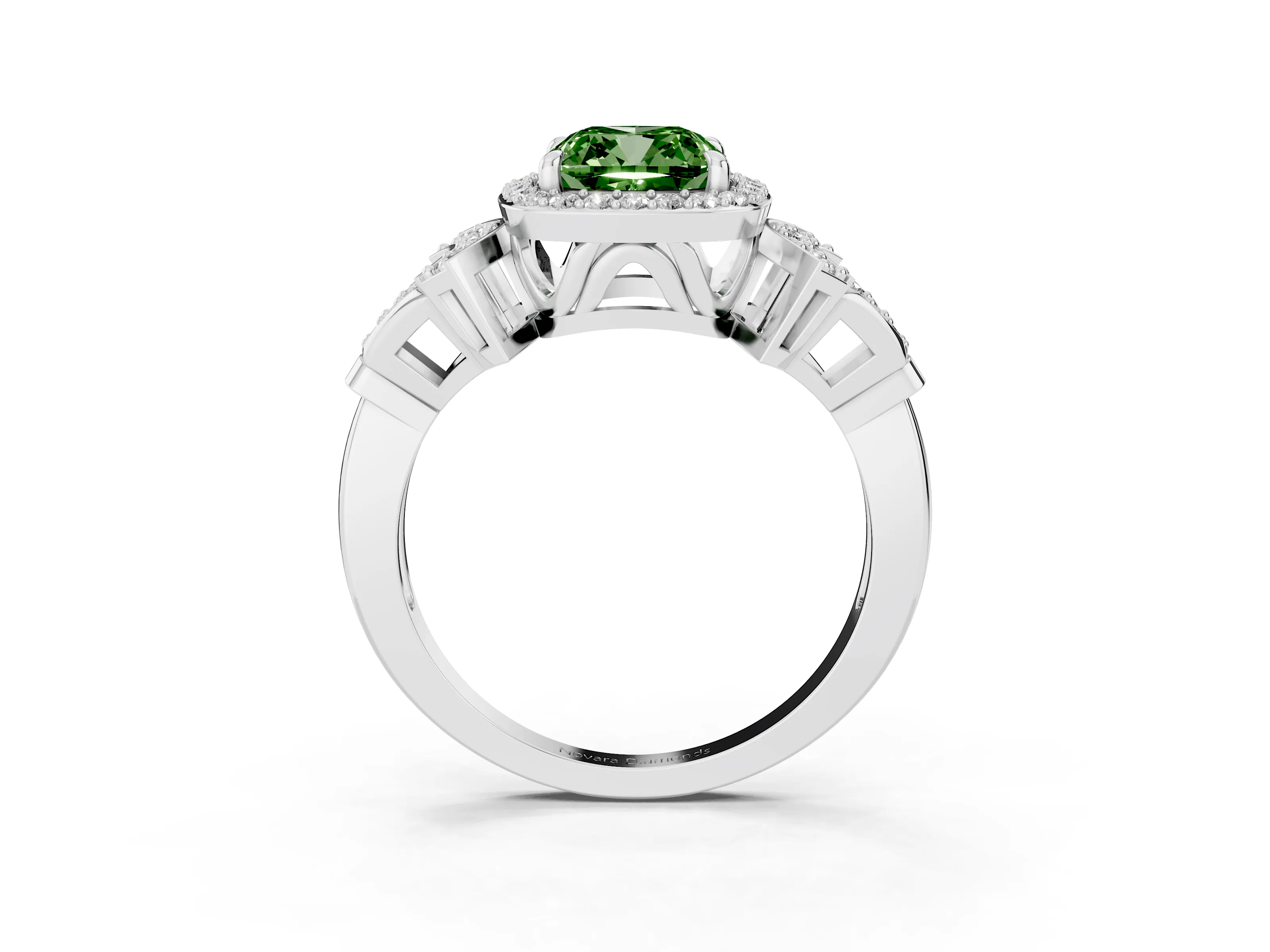 Fancy Green Cushion Cut Diamond Halo Engagement Ring Set in Silver with Accent Stone Split Shank