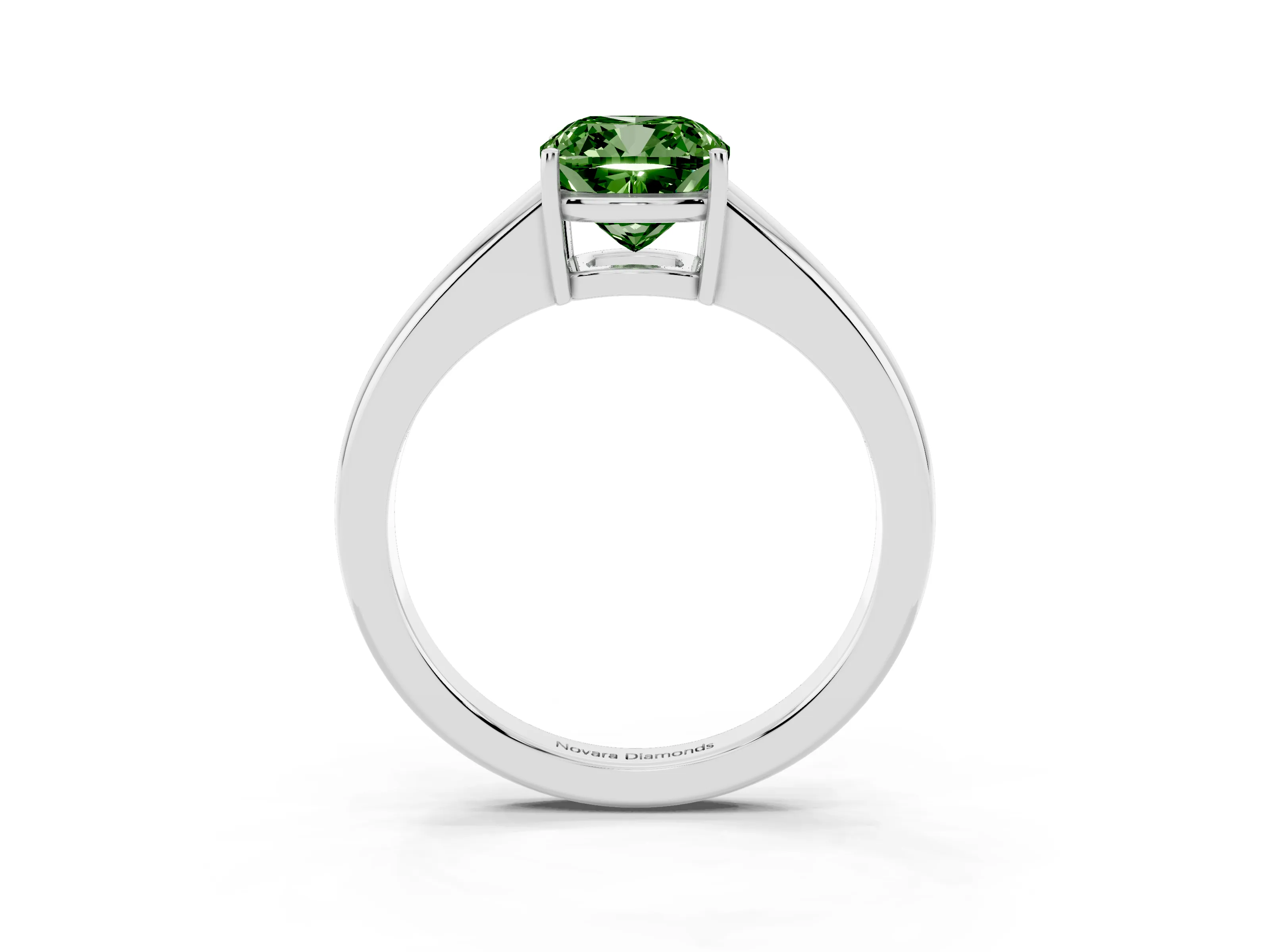 Fancy Green Cushion Cut Diamond Solitaire Ring Set in White gold with Tapered Band and Prong Setting