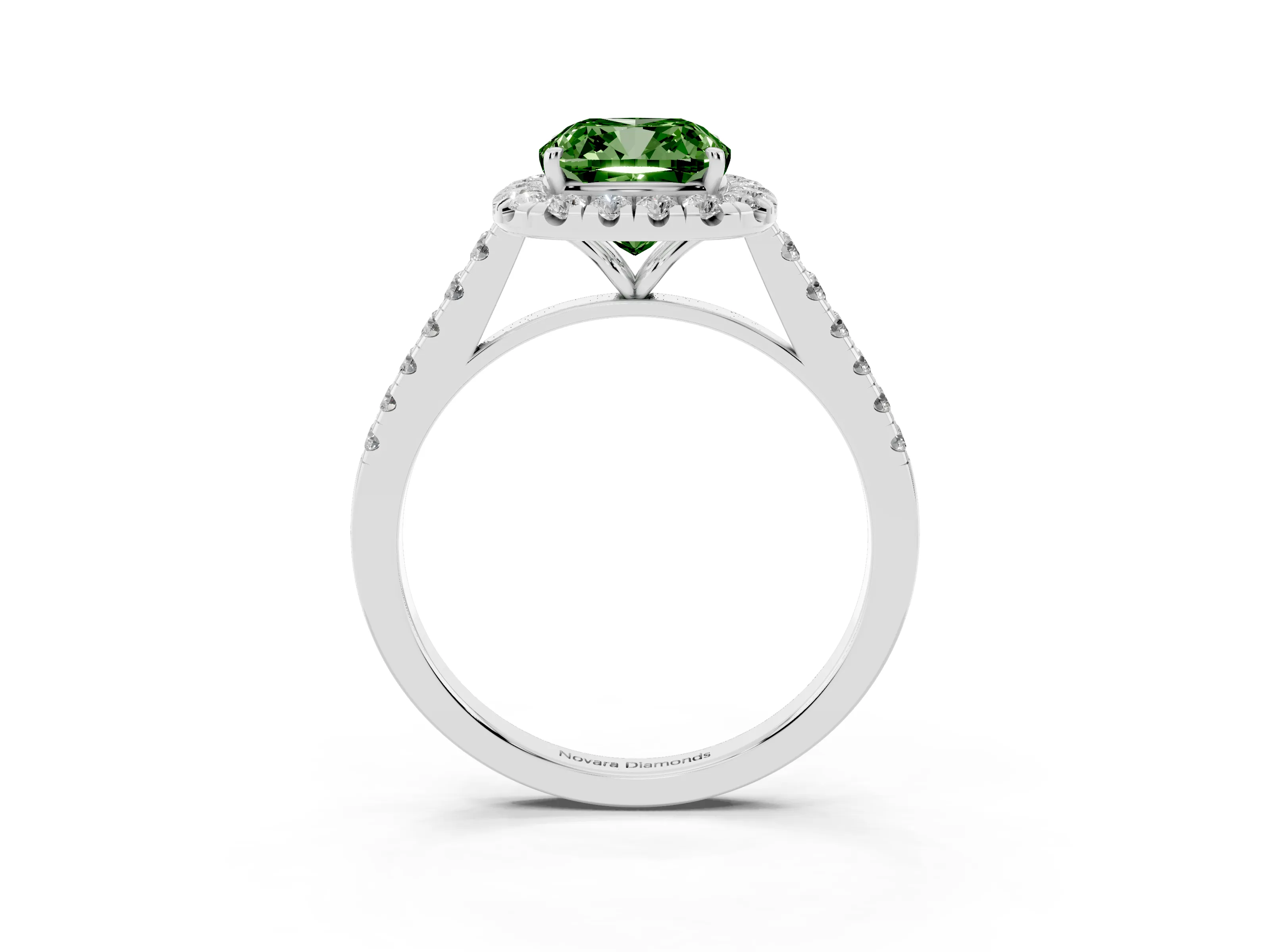 Fancy Green Cushion Cut Diamond Halo Pavé Engagement Ring Set in White gold with Prong Setting