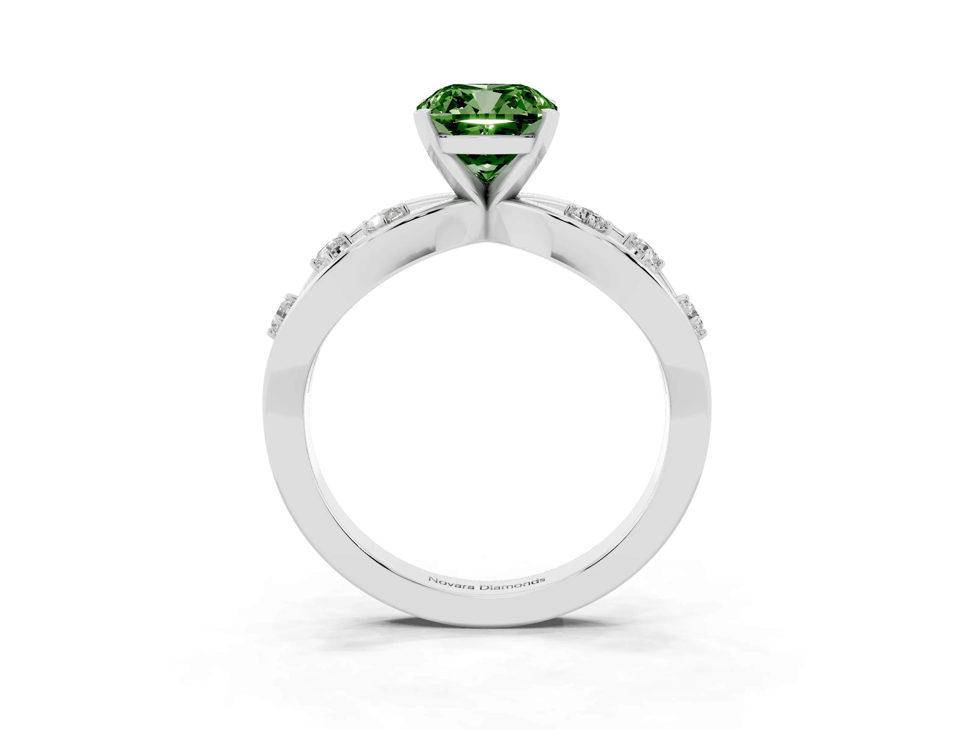 Fancy Green Cushion Cut Diamond Solitaire Ring Set in Silver with Side Stones on Criss-Cross Band and Prong Setting