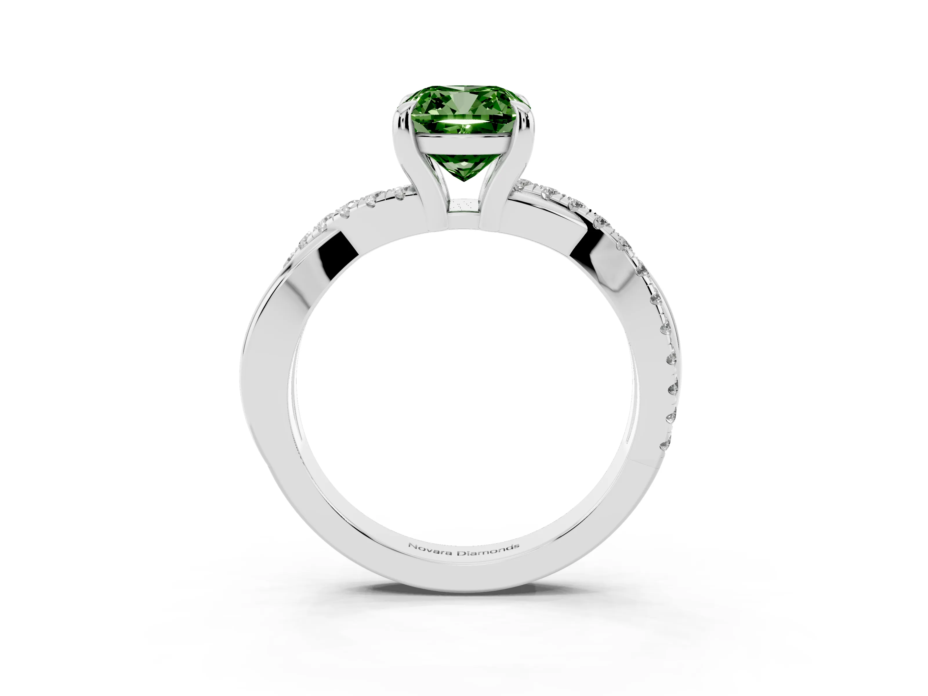 Fancy Green Cushion Cut Diamond Twist Band Pavé Solitaire Ring Set in Silver with Prong Setting