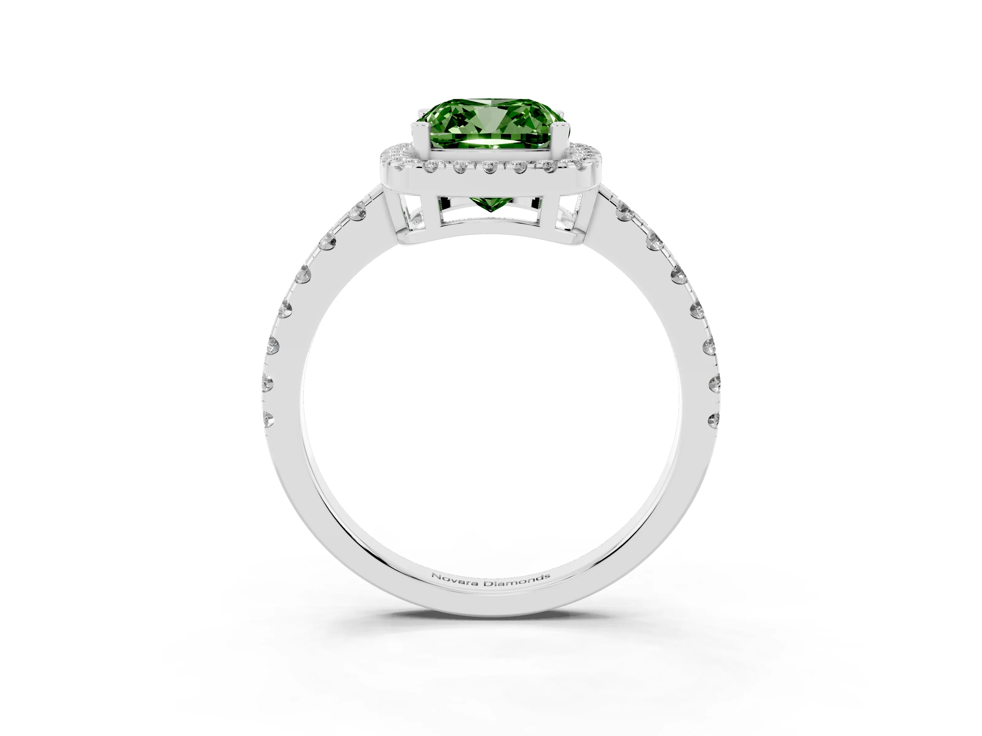 Fancy Green Cushion Cut Diamond Halo Ring Set in Platinum with Delicate Pavé Band and Prong Setting