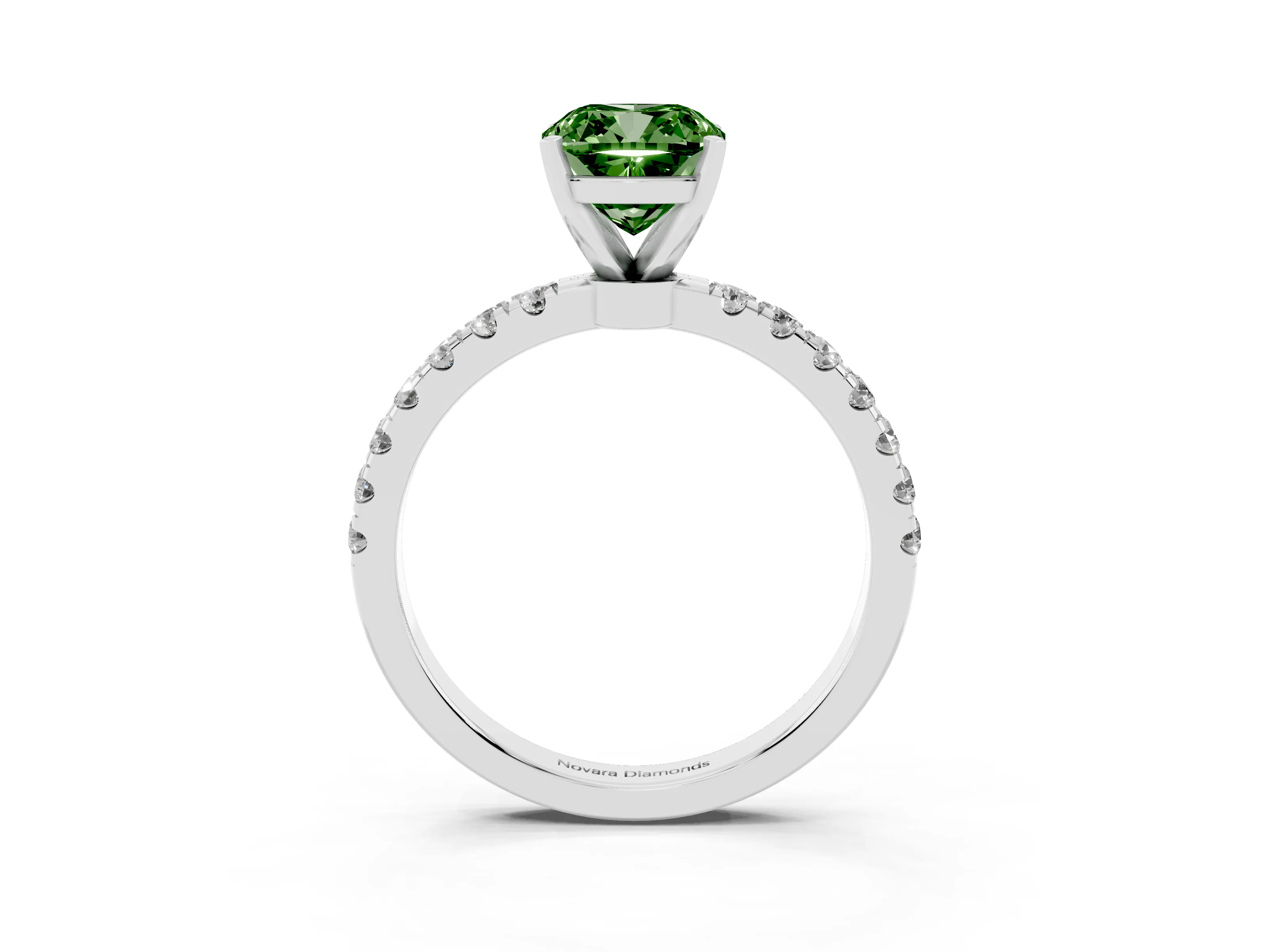 Fancy Green Cushion Cut Diamond Solitaire Ring Set in White gold with Pavé Accents and Prong Setting