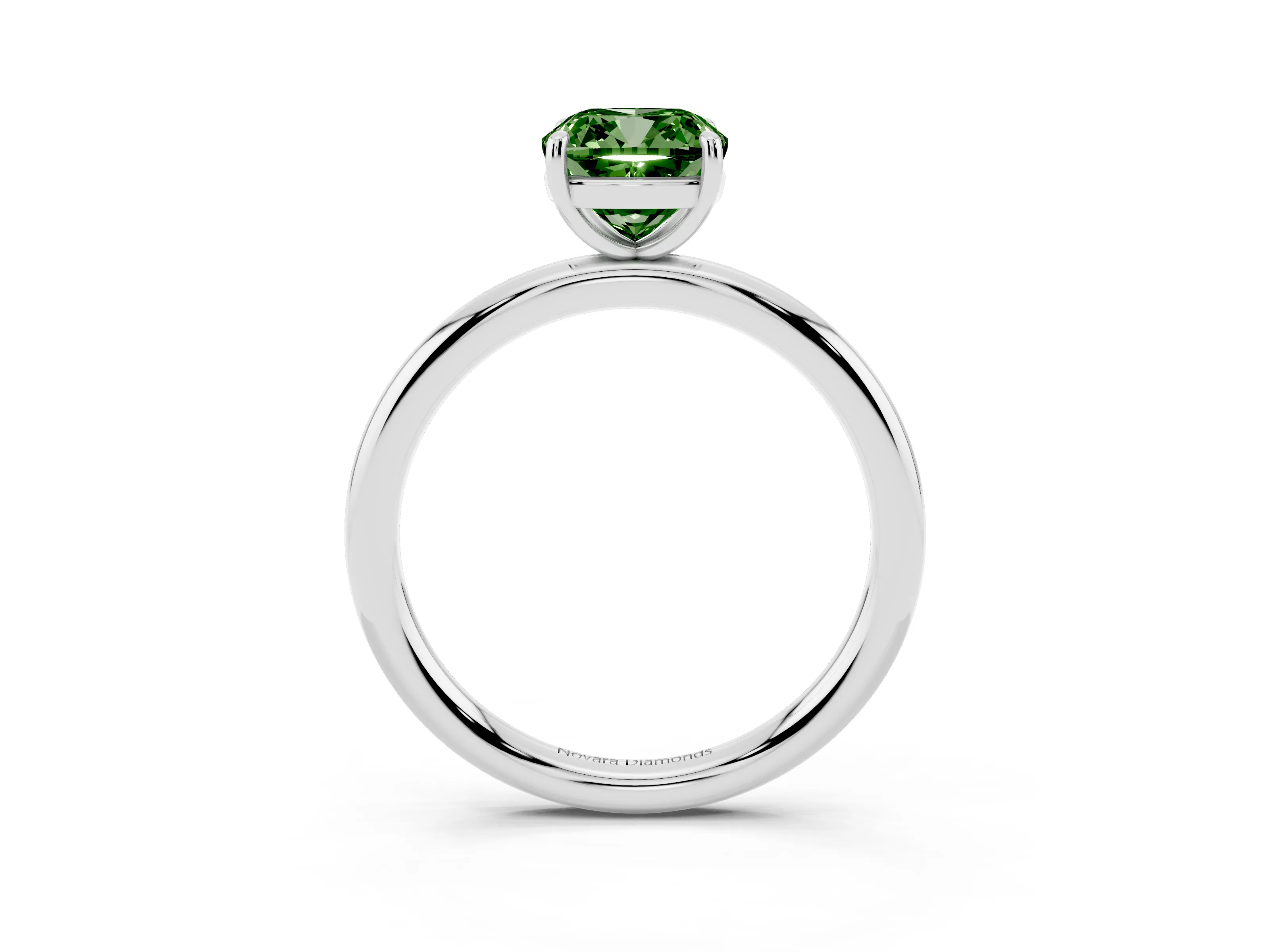 Fancy Green Cushion Cut Diamond Solitaire Ring Set in White gold with Prong Setting on a Polished Plain Band
