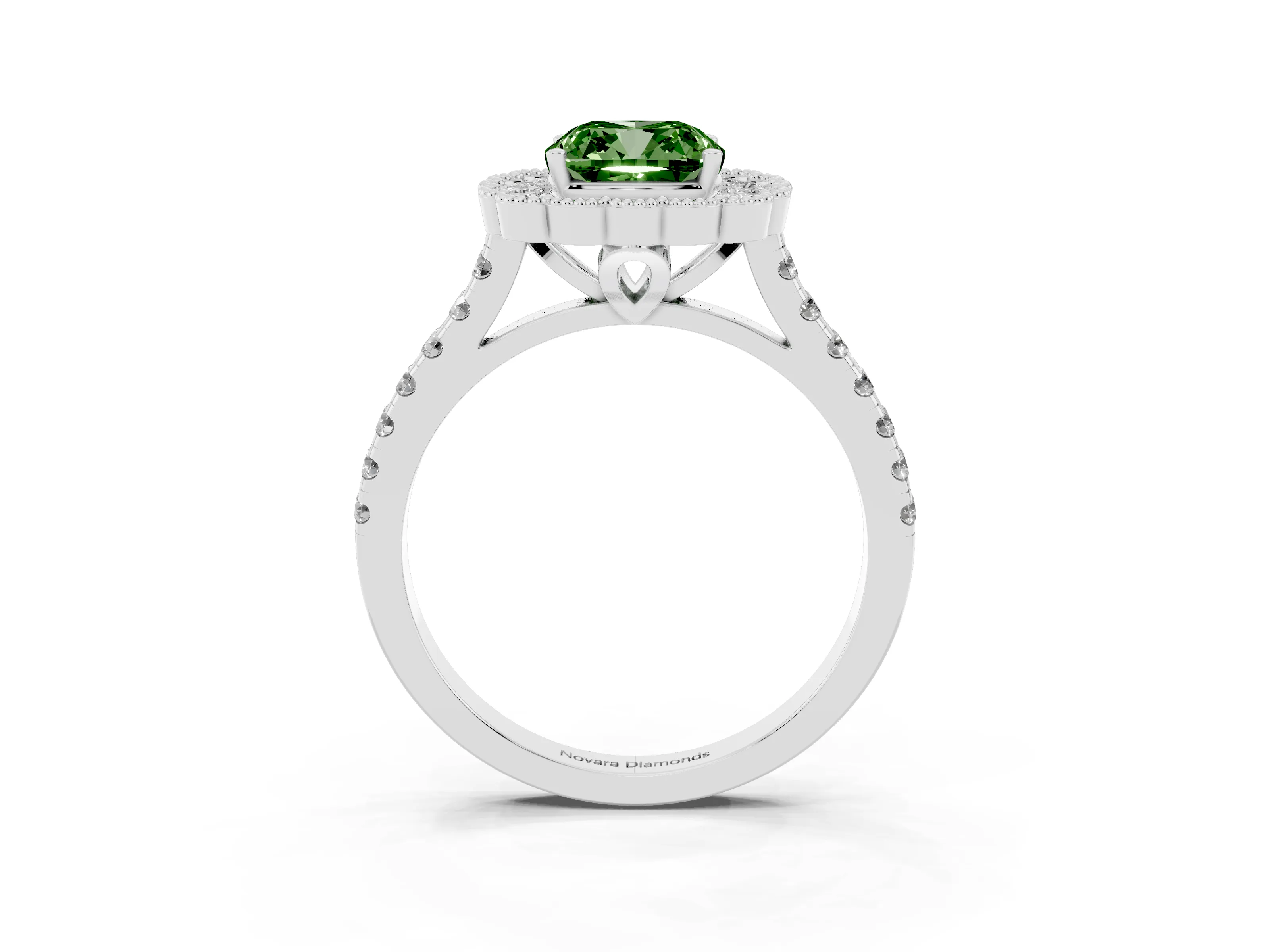 Fancy Green Cushion Cut Diamond Milgrain Floral Halo Engagement Ring Set in White gold with Pavé Band