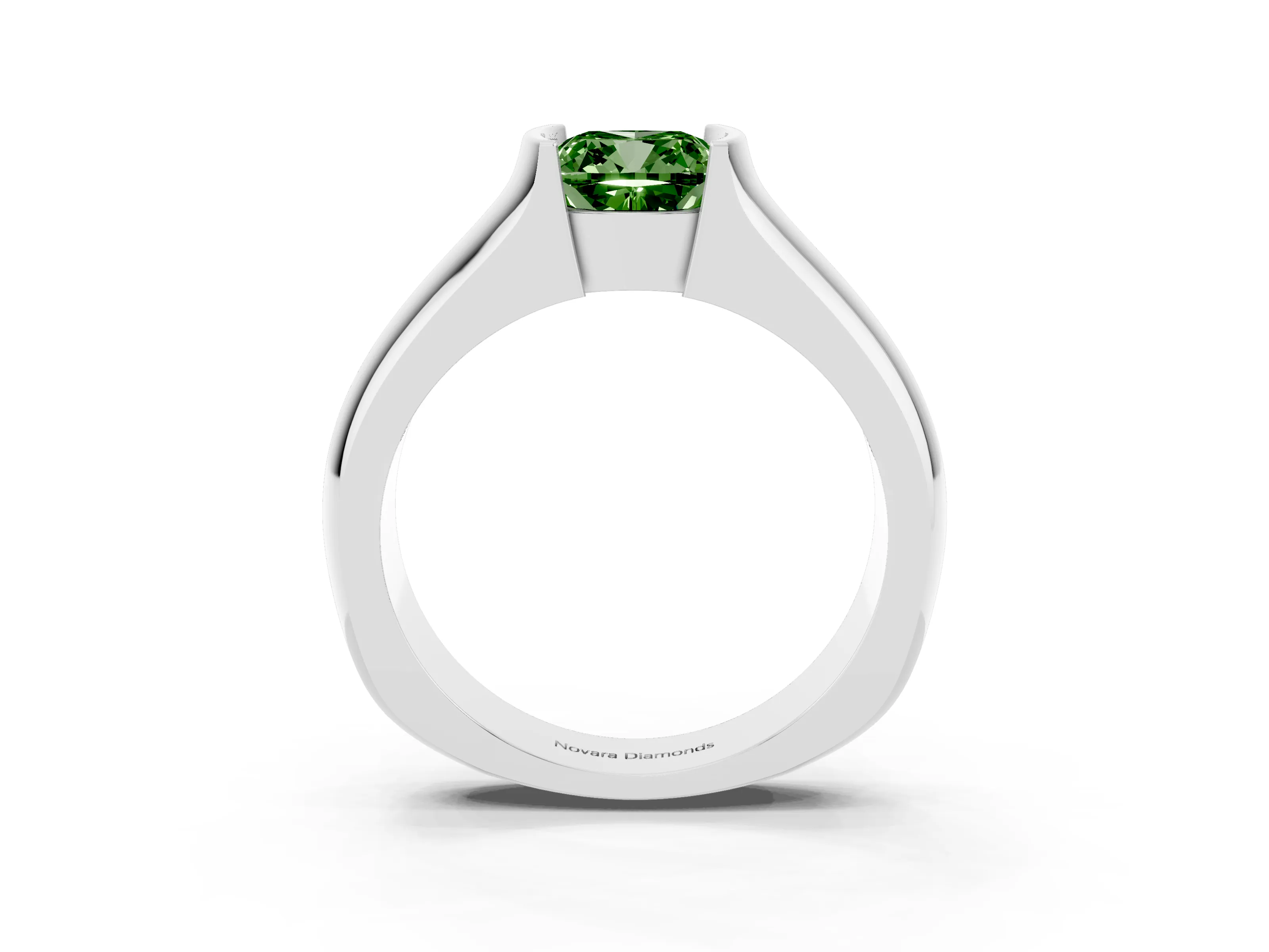 Fancy Green Cushion Cut Diamond Bezel Solitaire Ring Set in Platinum with Wide Band