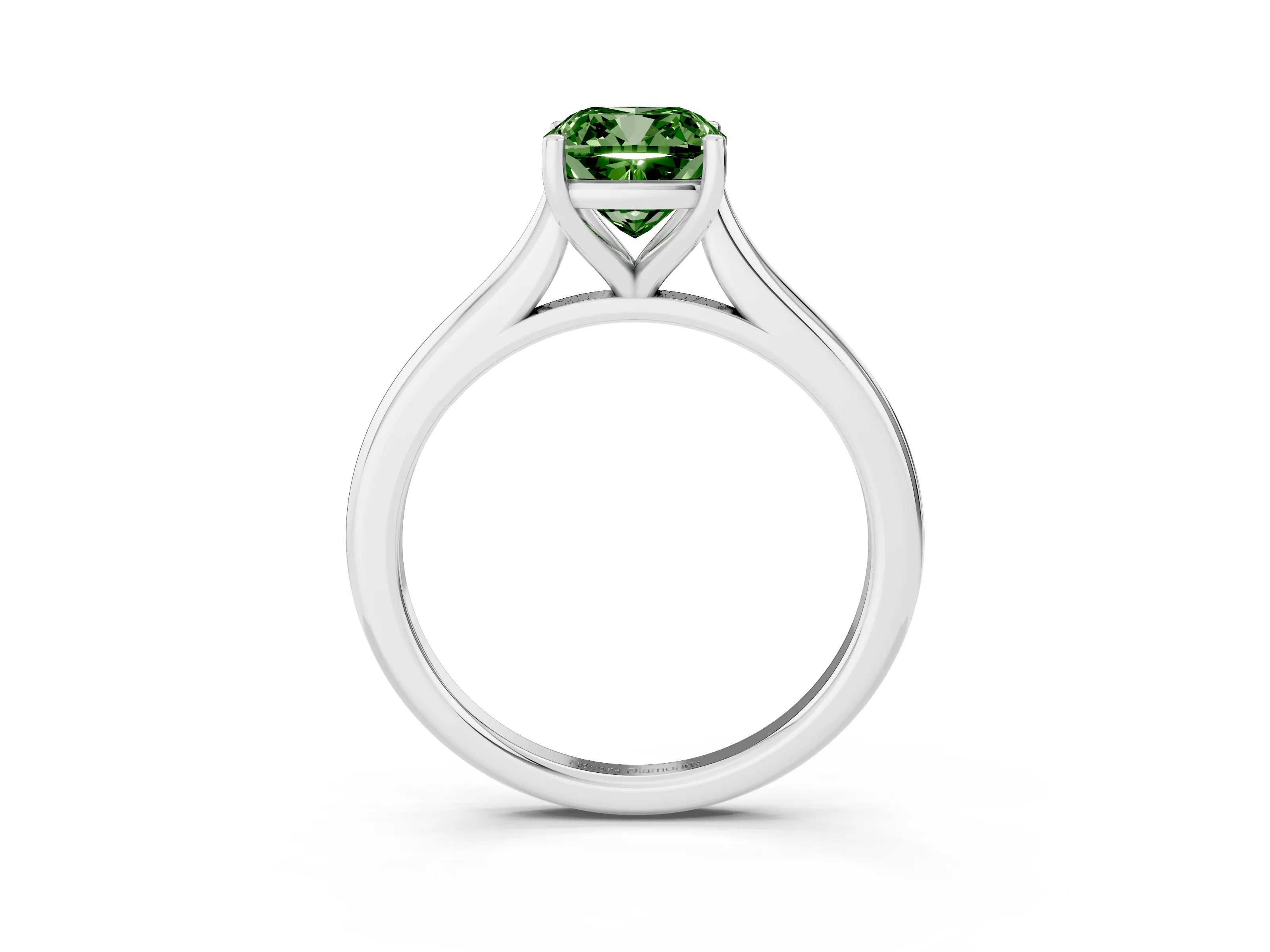 Fancy Green Cushion Cut Diamond Solitaire Ring Set in White gold with Cathedral Band and Prong Setting