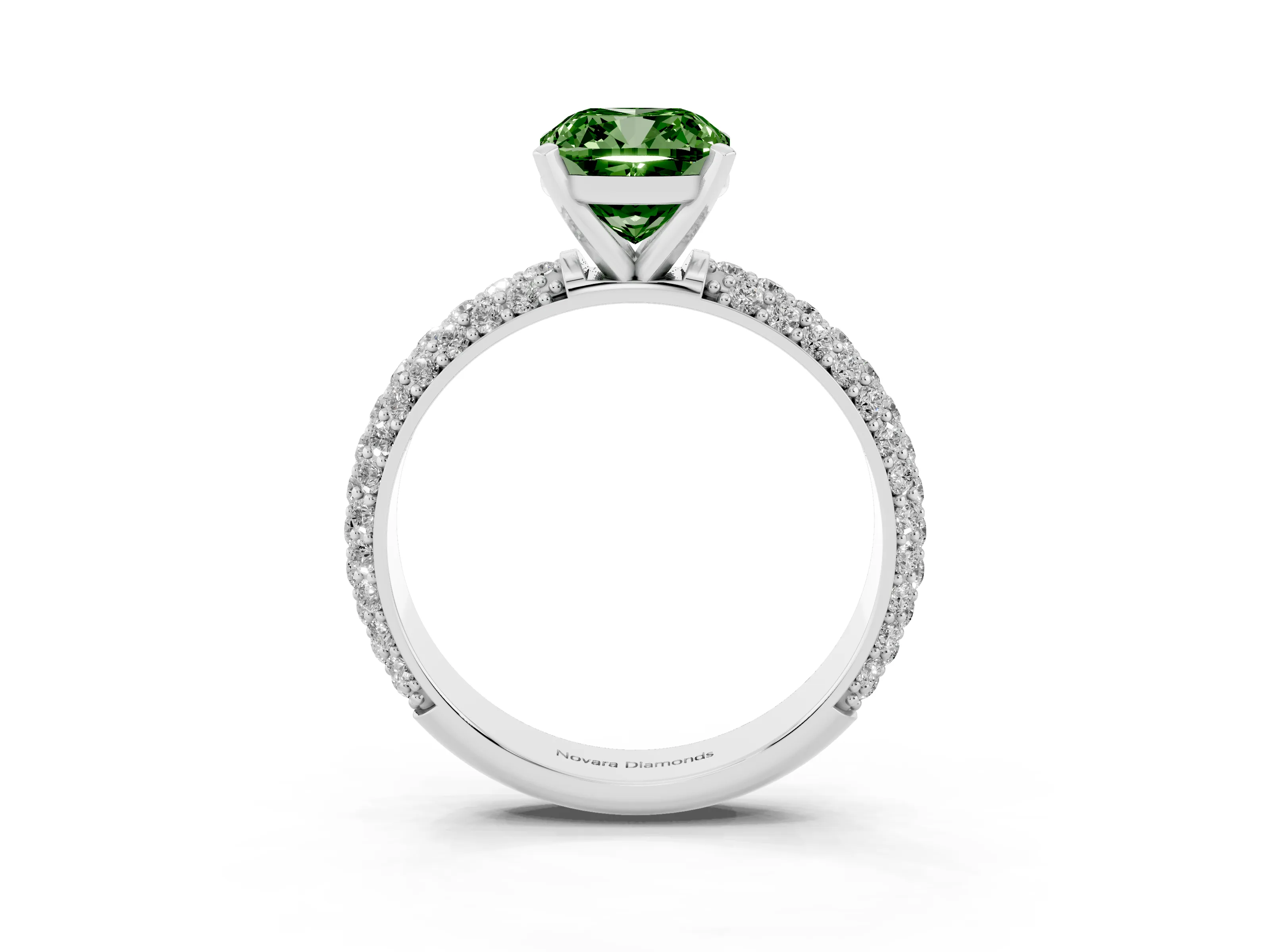 Fancy Green Cushion Cut Diamond Solitaire Ring Set in Silver with Prong Setting and Pavé-Set Band