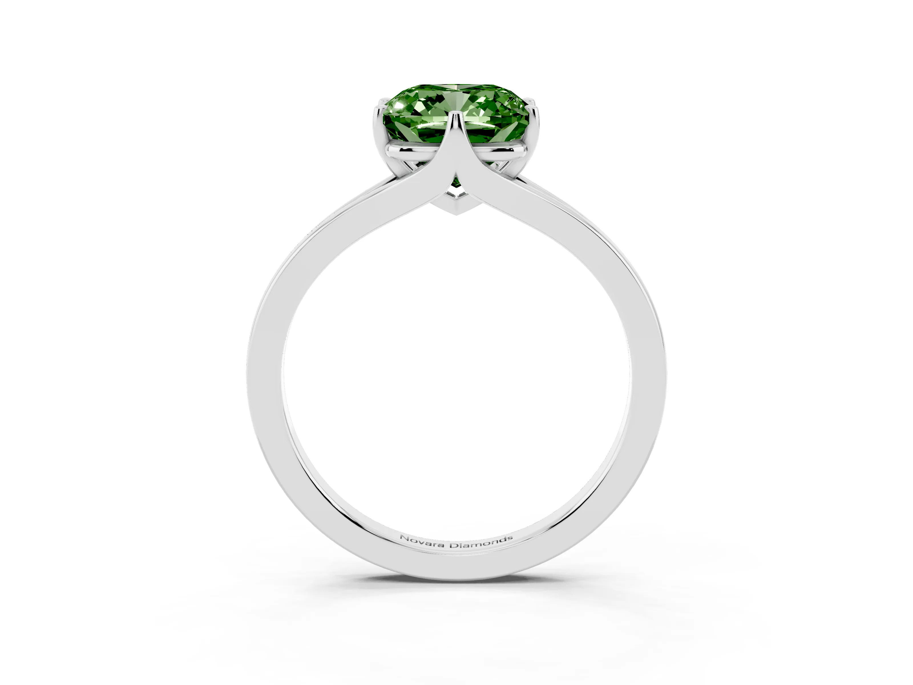 Fancy Green Cushion Cut Diamond Solitaire Ring Set in White gold with Polished Tapered Band and Prong Setting