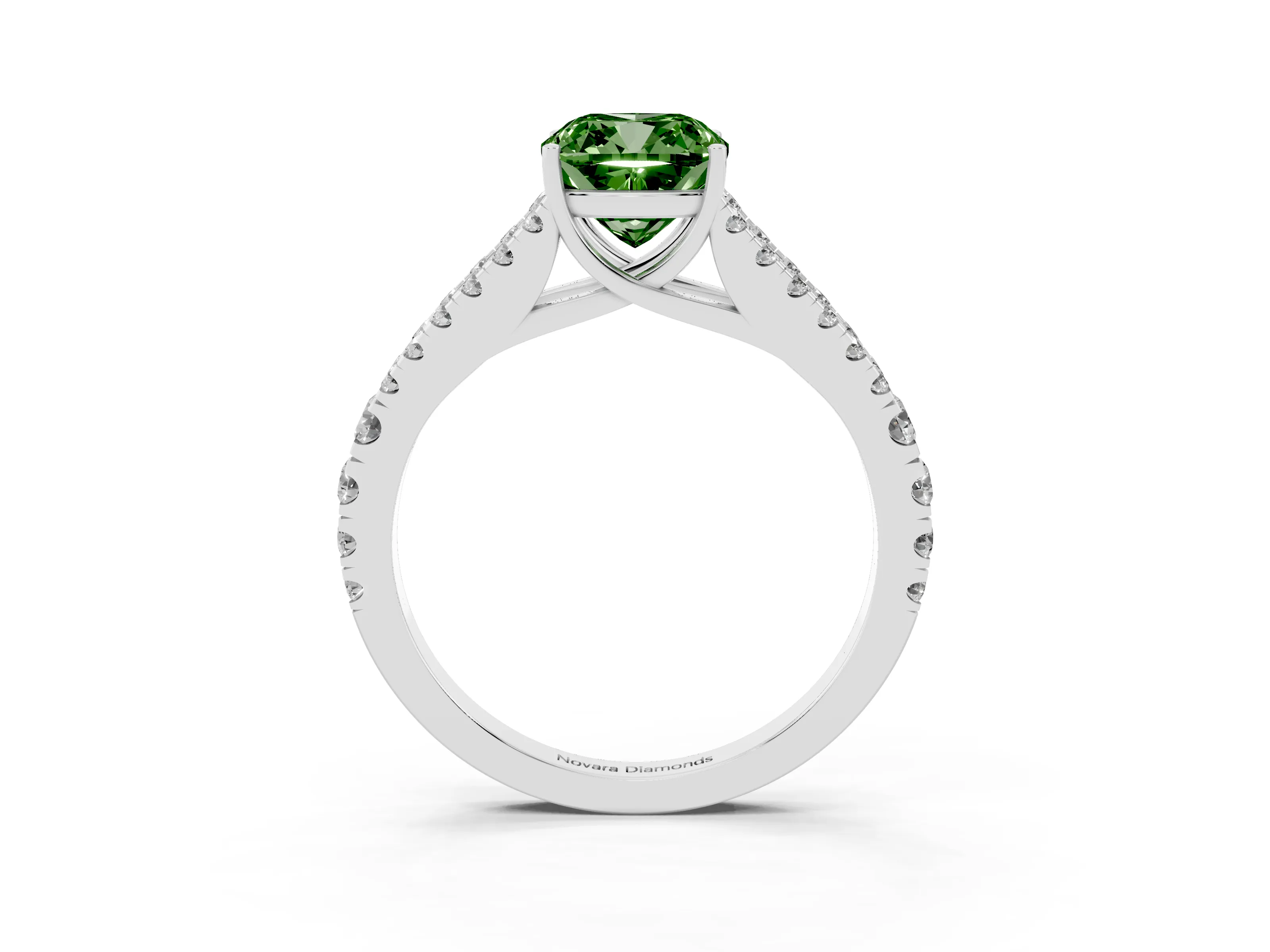 Fancy Green Cushion Cut Diamond Split Shank Pavé Engagement Ring Set in Silver with Prong-Held Center Stone